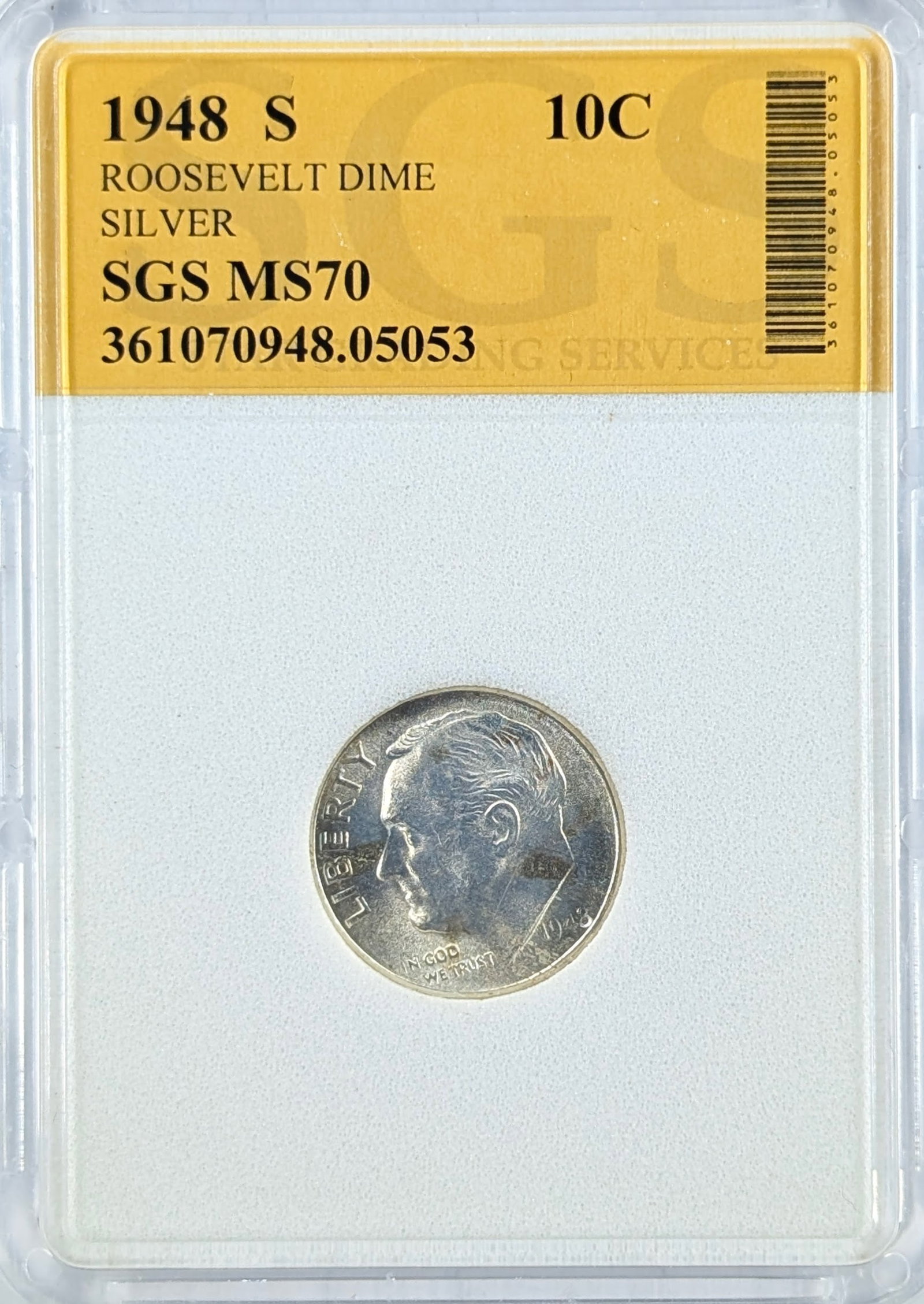 SGS 1948-S MS70 Silver Roosevelt Dime: Silver