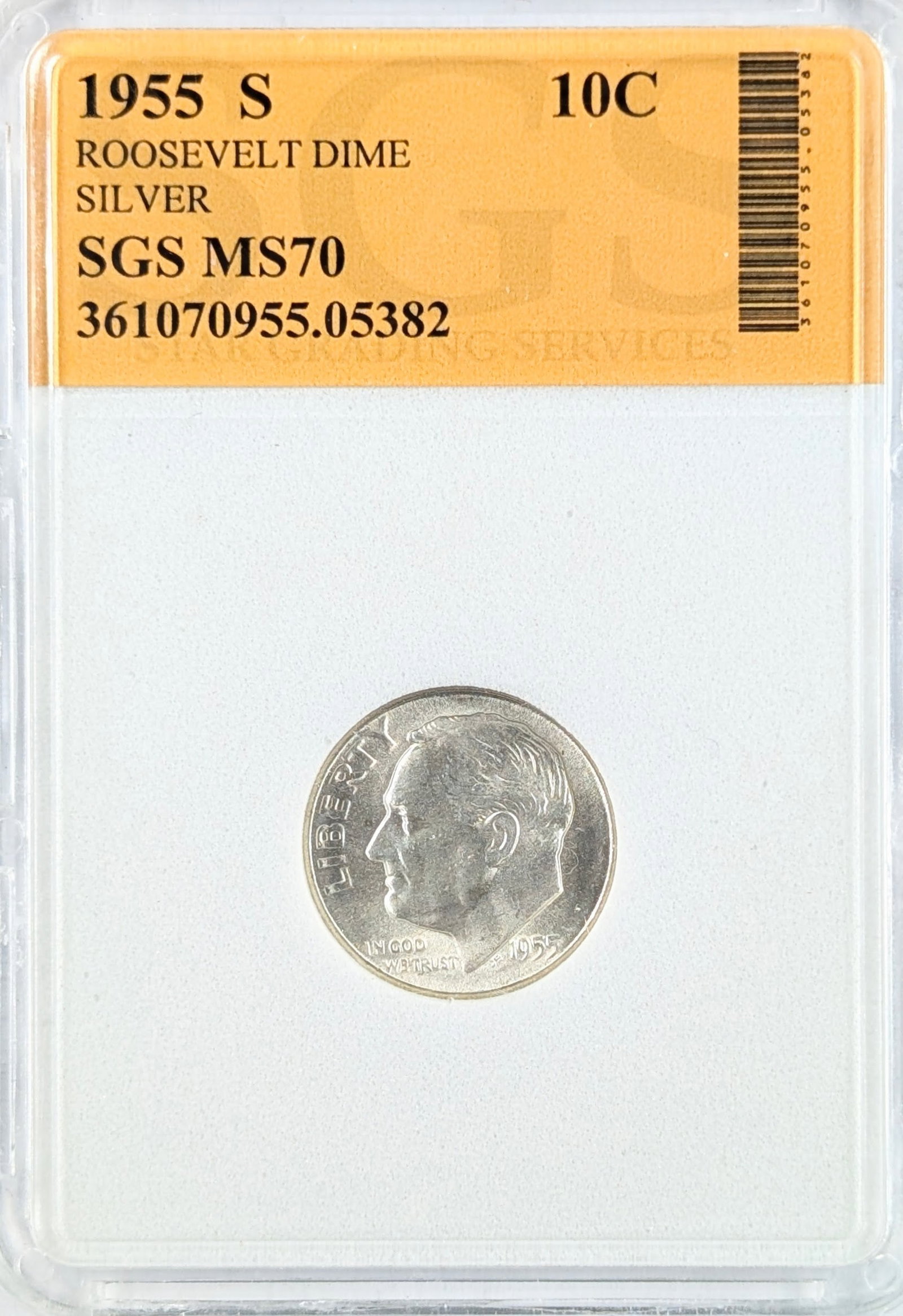 SGS 1955-S MS70 Silver Roosevelt Dime: Silver