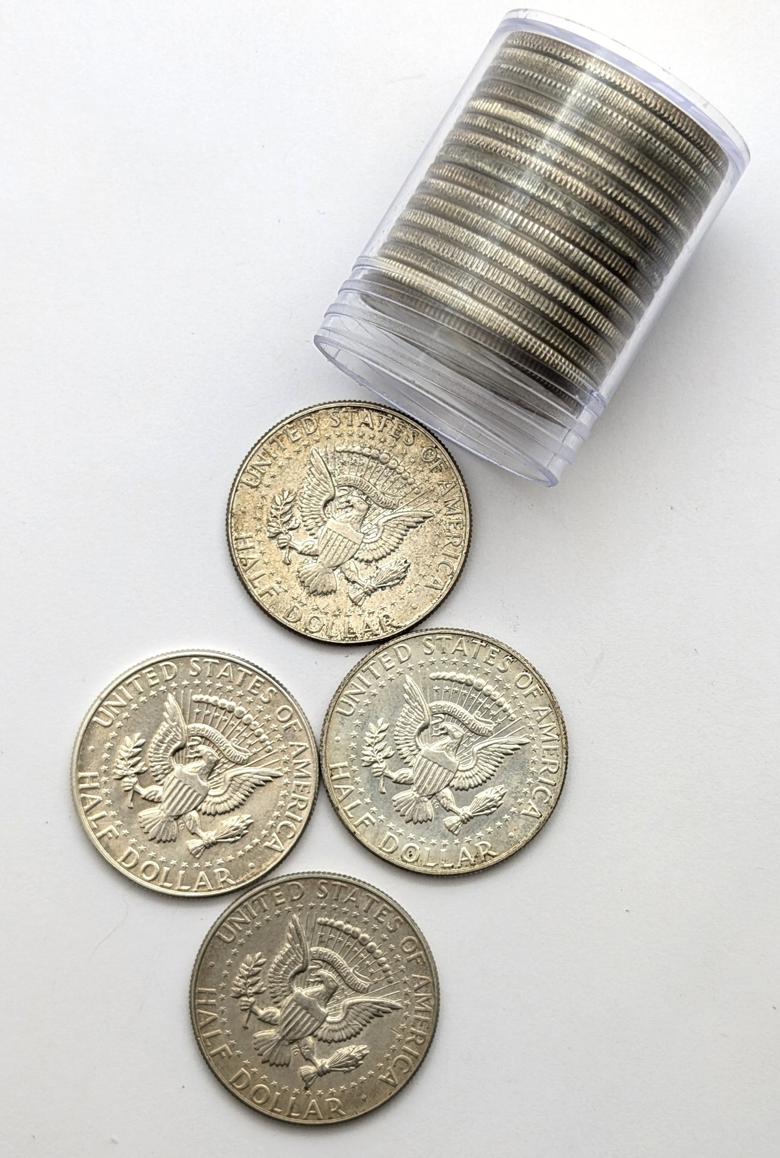 Tube of 20 Silver John F Kennedy Half Dollars - 1965-1969 - Some Toned - 2
