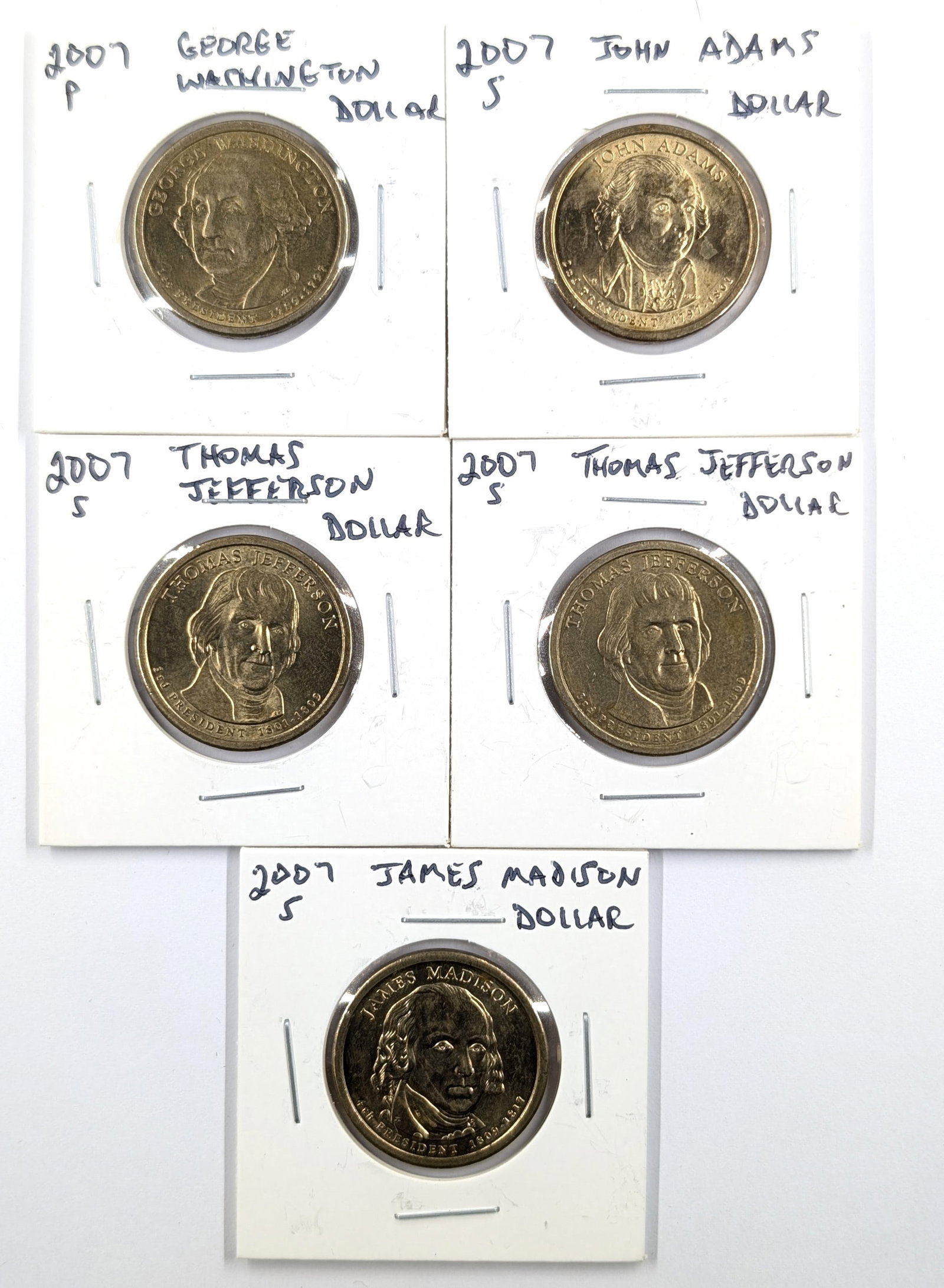 Lot of 5 2007-S Presidential Dollars- Washington, Adams, Jefferson (2), Madison: Most Uncirculated