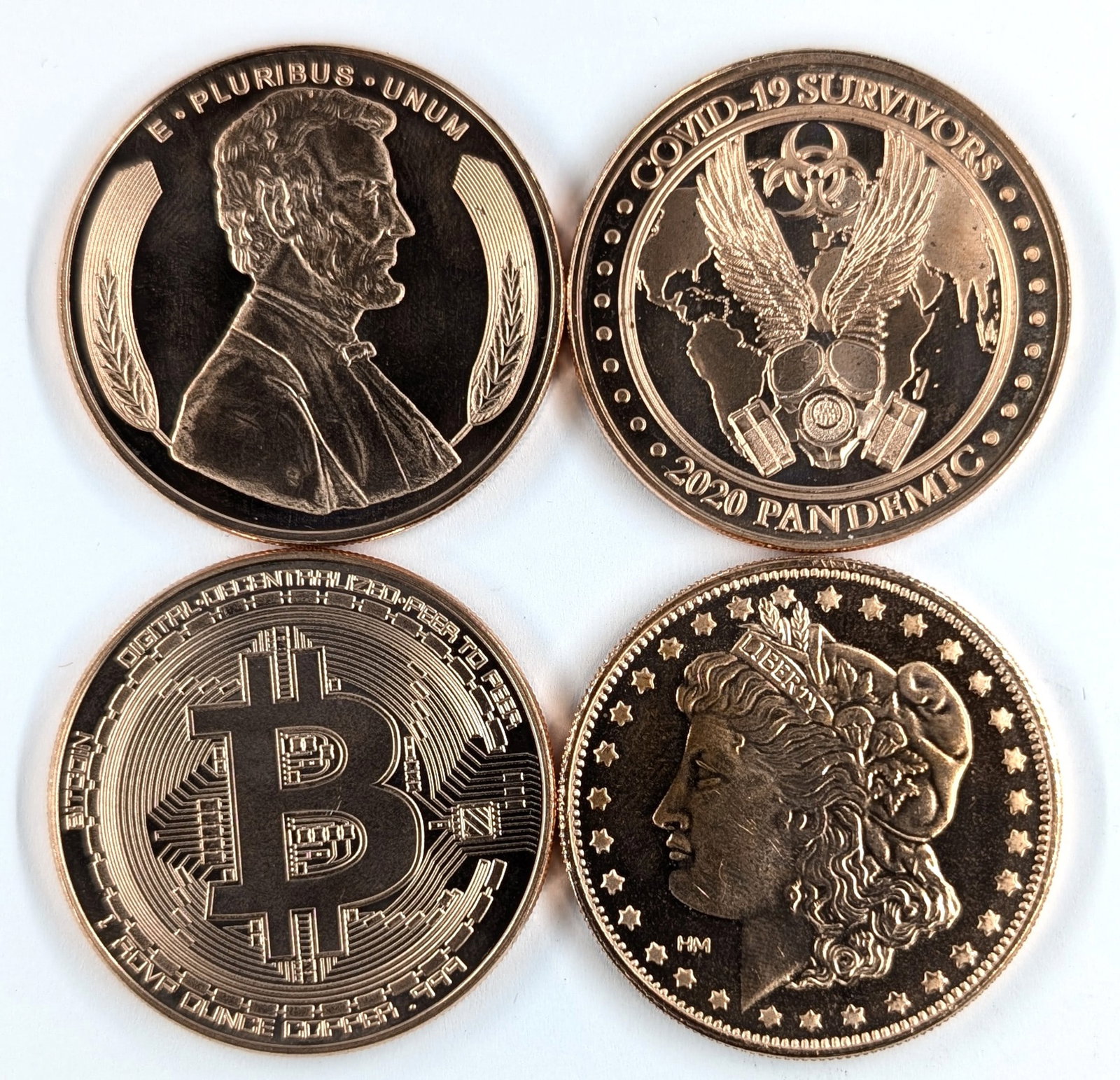Lot of 4 - 1 Ounce (each) Fine .999 Copper Rounds- Lincoln, Covid 19, Bitcoin, Morgan: _