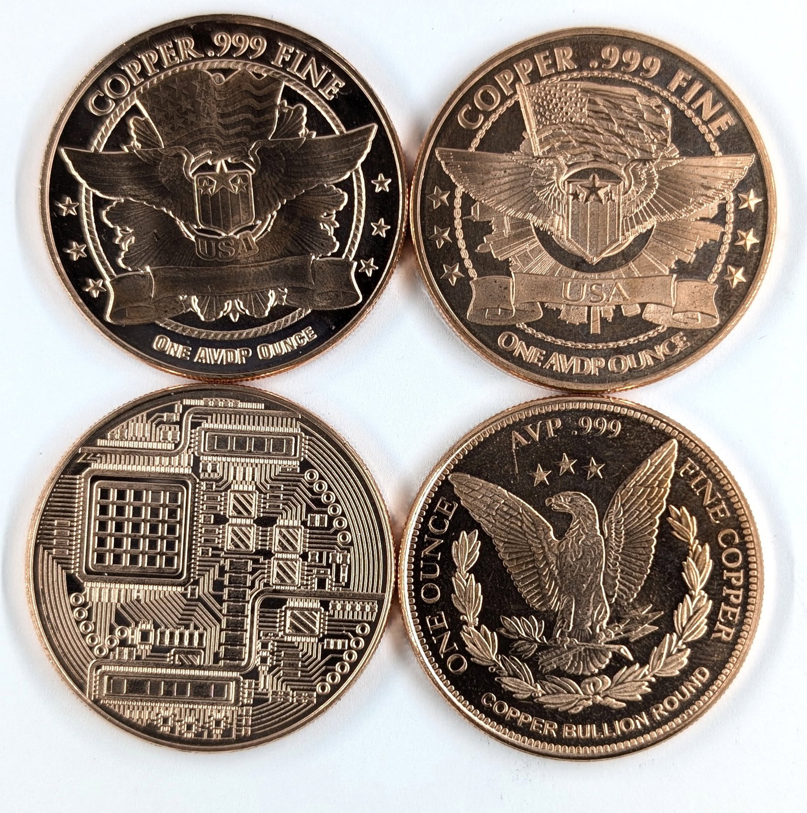 Lot of 4 - 1 Ounce (each) Fine .999 Copper Rounds- Lincoln, Covid 19, Bitcoin, Morgan - 2