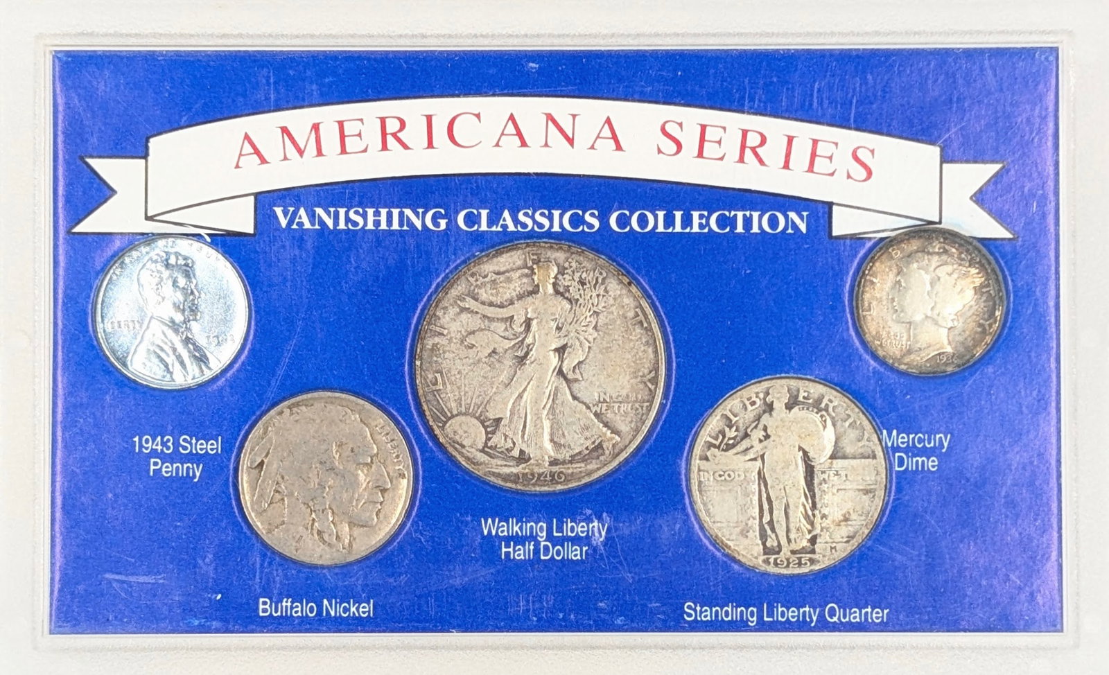Americana Series Vanishing Classics Collection w/ 1946-S Silver Half, 1925 Quarter & 1936 Dime: 1927 Buffalo Nickel & 1943 Steel Lincoln Cent