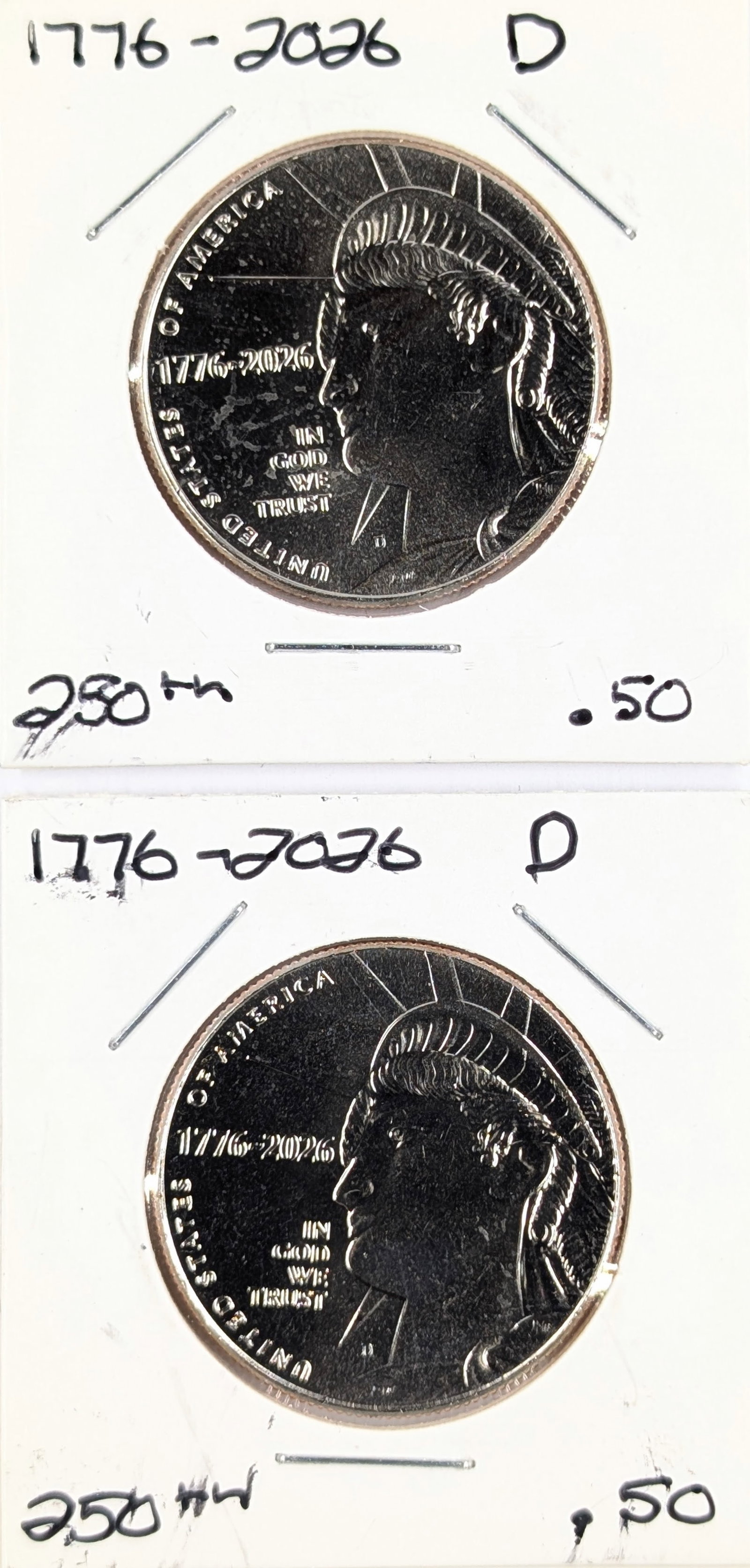 Lot of 2 - 1776-2026-D Semiquincentennial Enduring Liberty Half Dollar: Coin