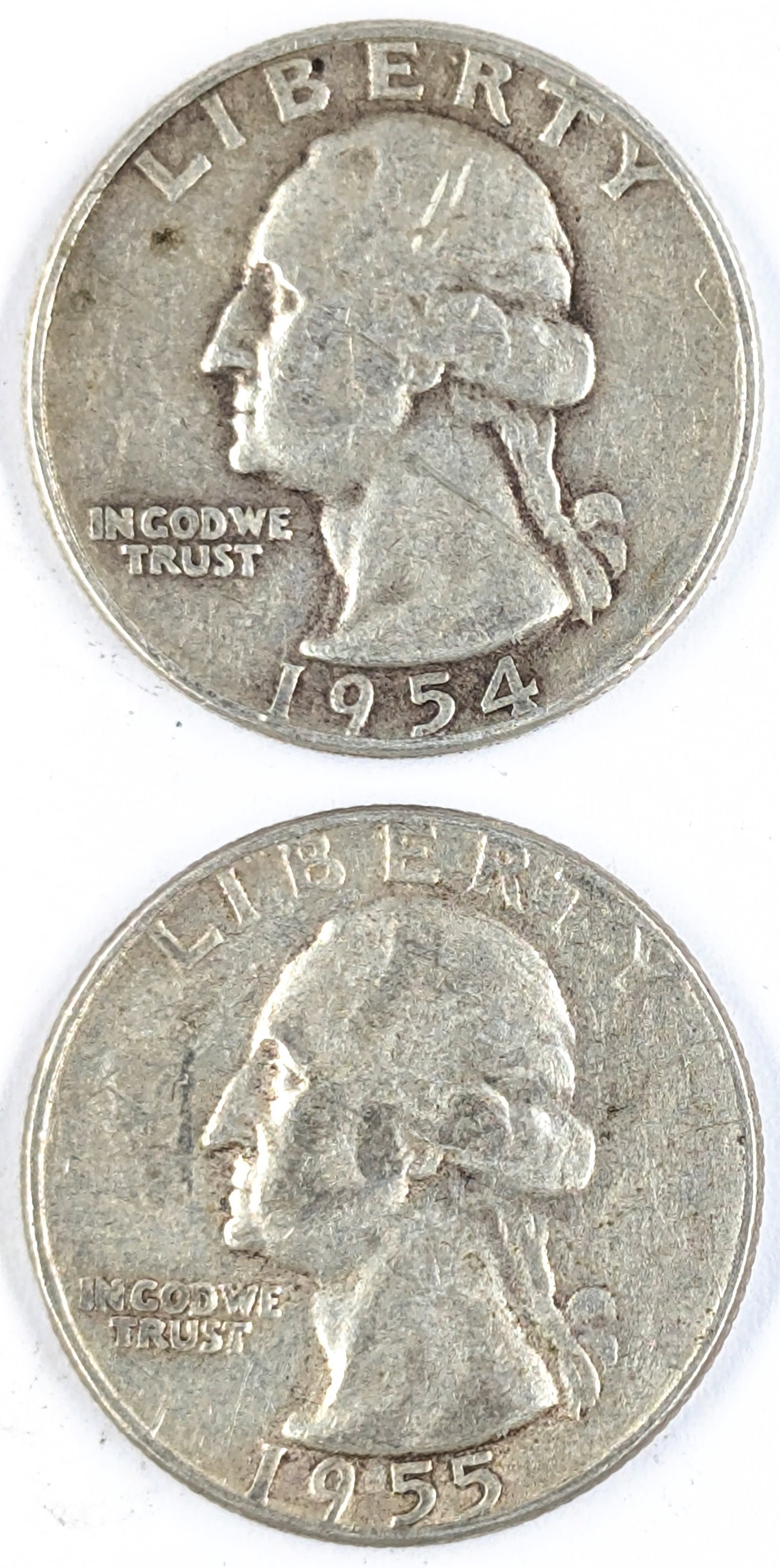Lot of 2 Silver Washington Quarters - 1954, 1955: Silver