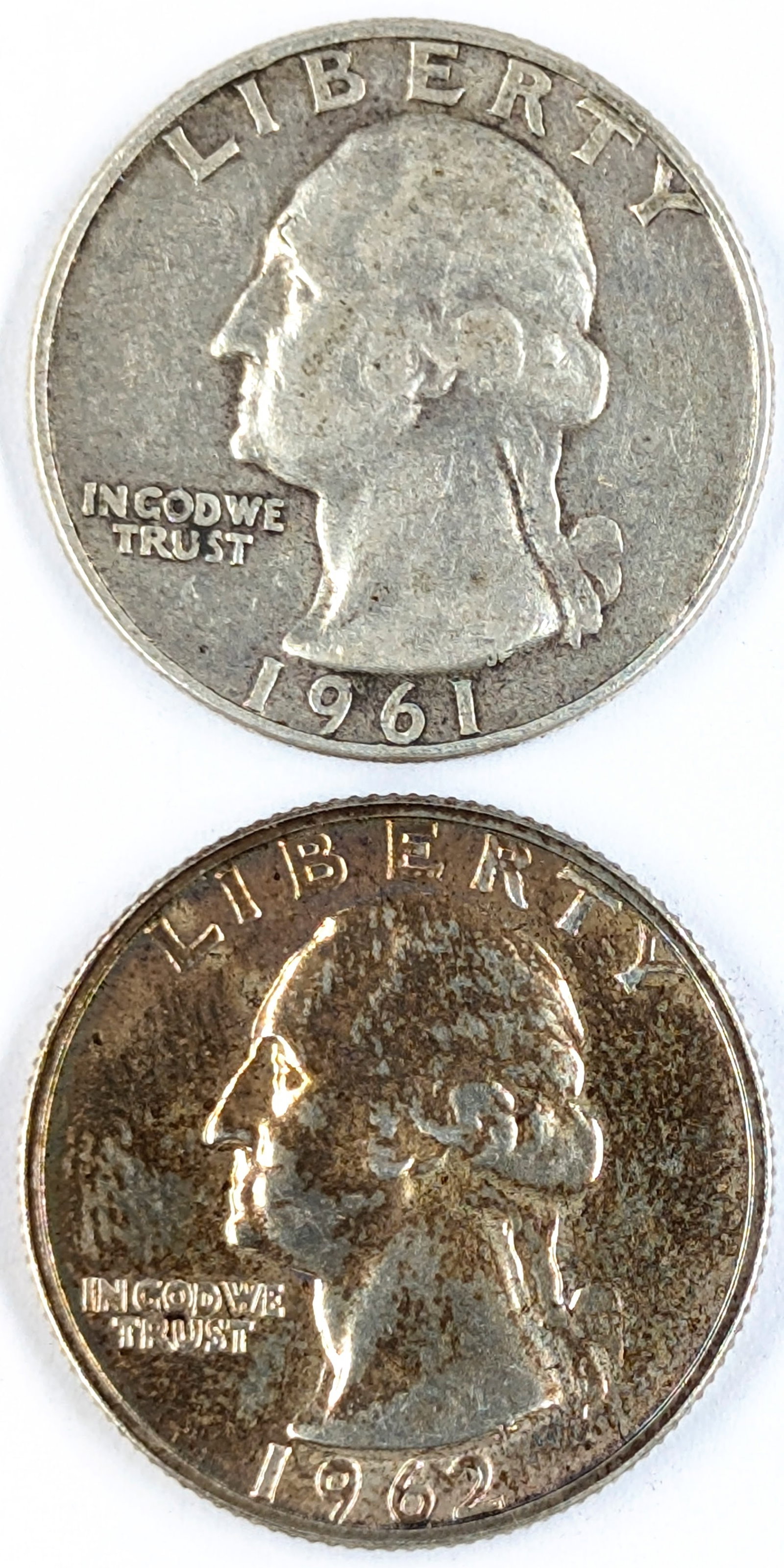 Lot of 2 Silver Washington Quarters - 1961, 1962: Silver