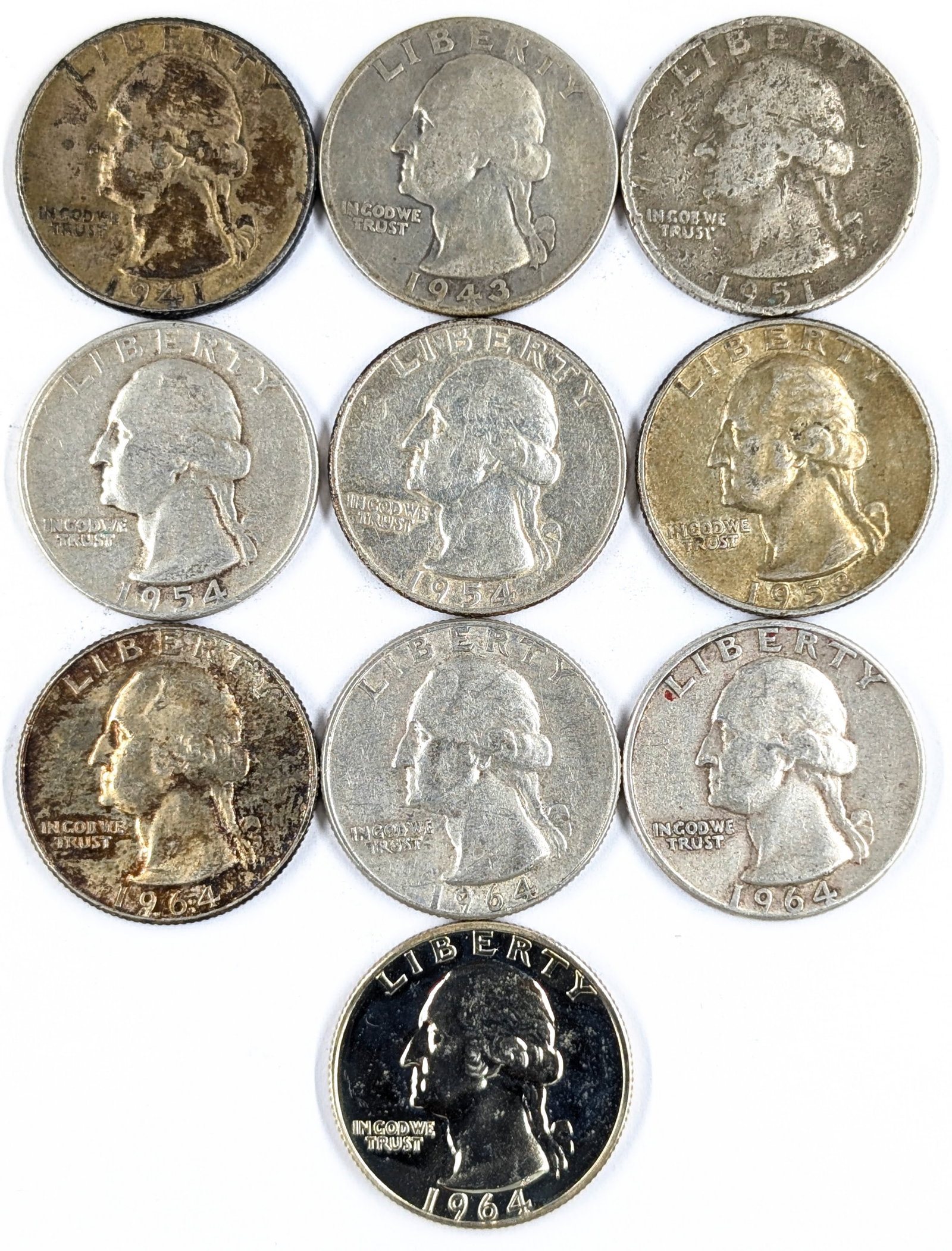 Lot of 10 Silver Washington Quarters - 1941-1964 - 1 Proof (1 of 2)