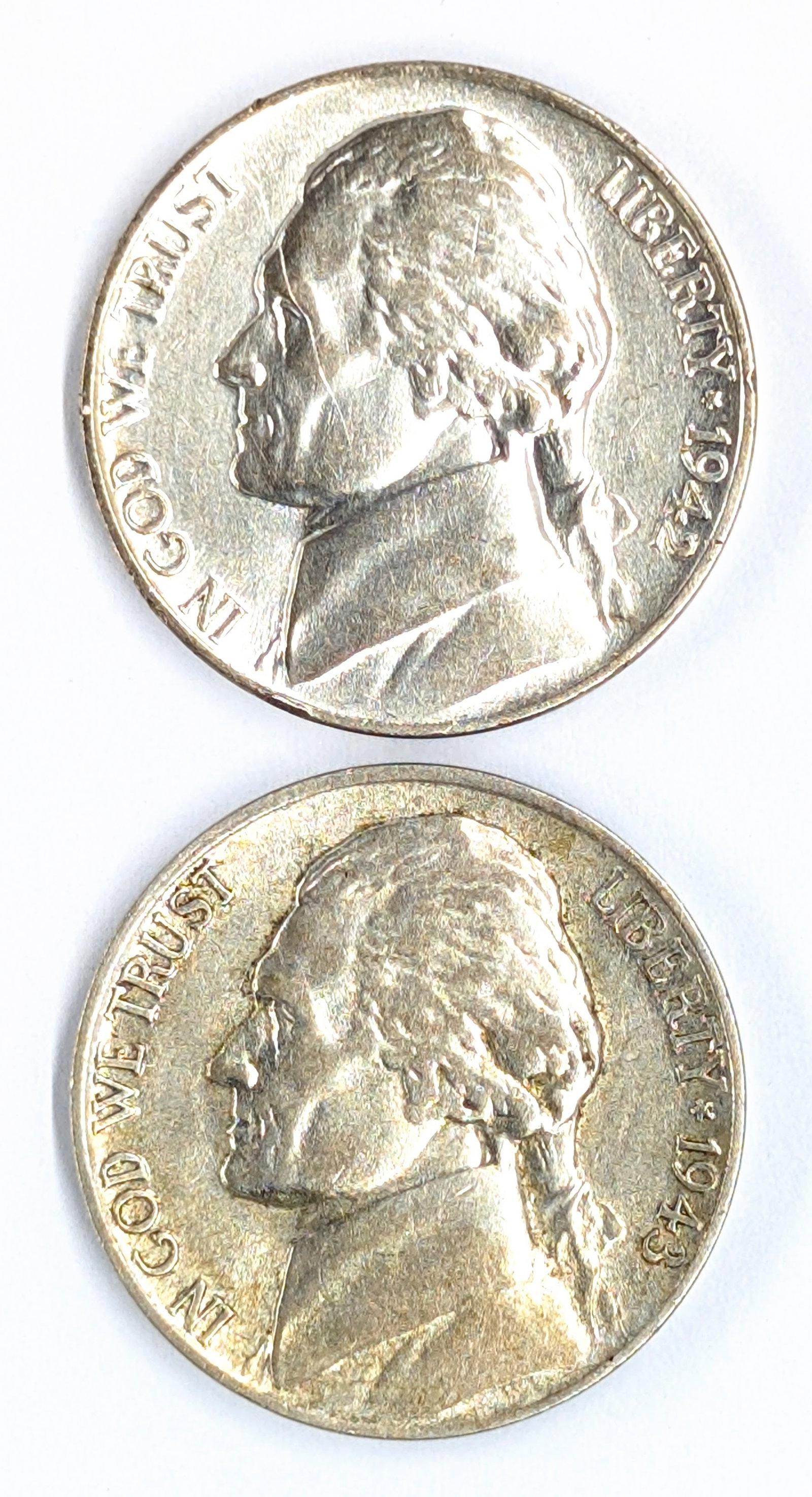 Lot of 2 Silver War Nickels - 1942-P, 1943-P: 35% Silver