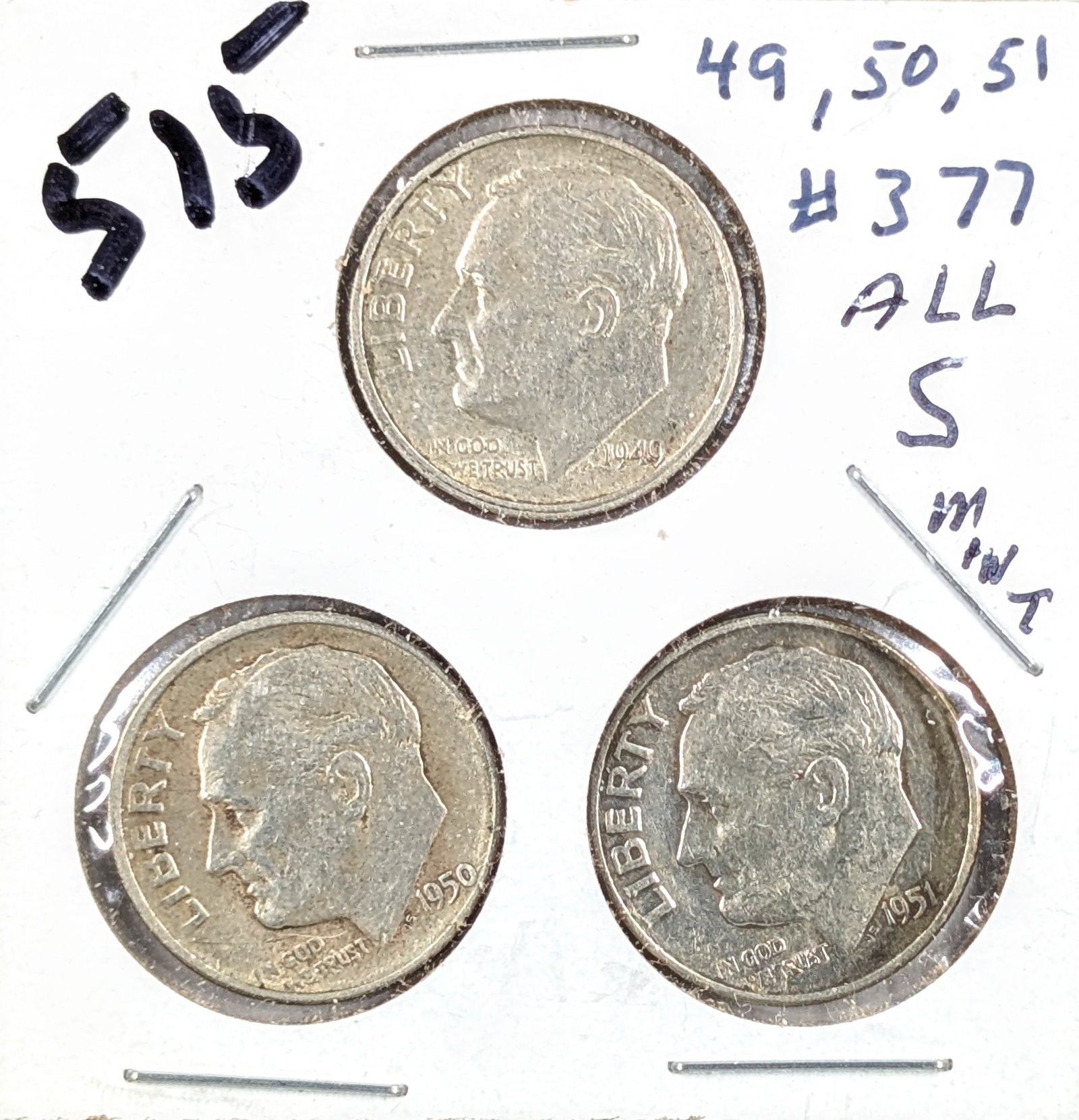 Lot of 3 Silver Roosevelt Dimes - 1949-S, 1950-S, 1951-S: Silver