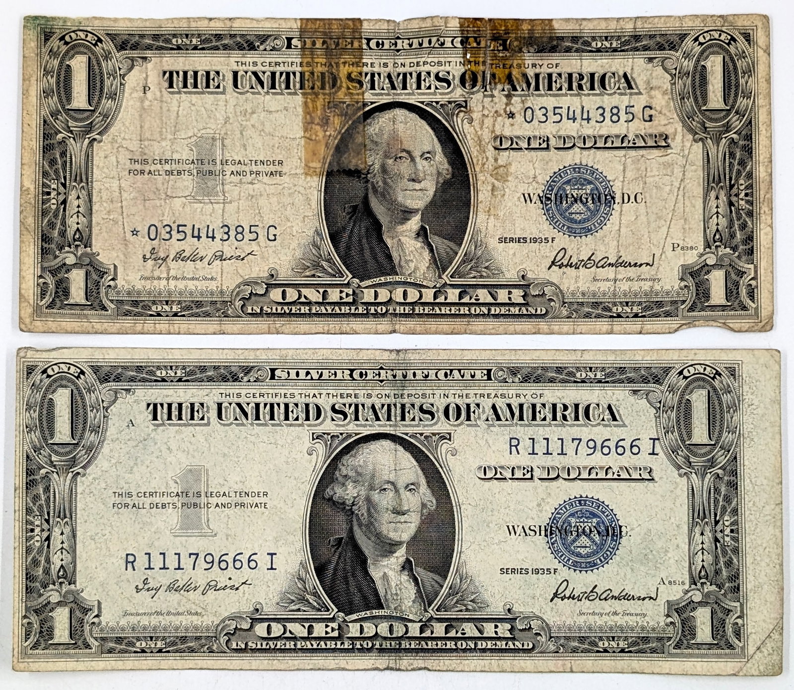 Lot of 2 - 1935-F $1 Notes - Silver Certificates - Triple Serial # 11179666 - 1 is Star Note (1 of 2)