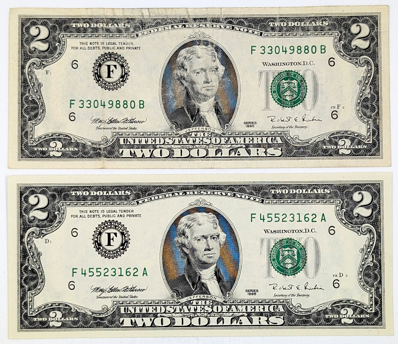 Lot of 2 - 1995 $2 Notes - Green Seals: Circulated Condition