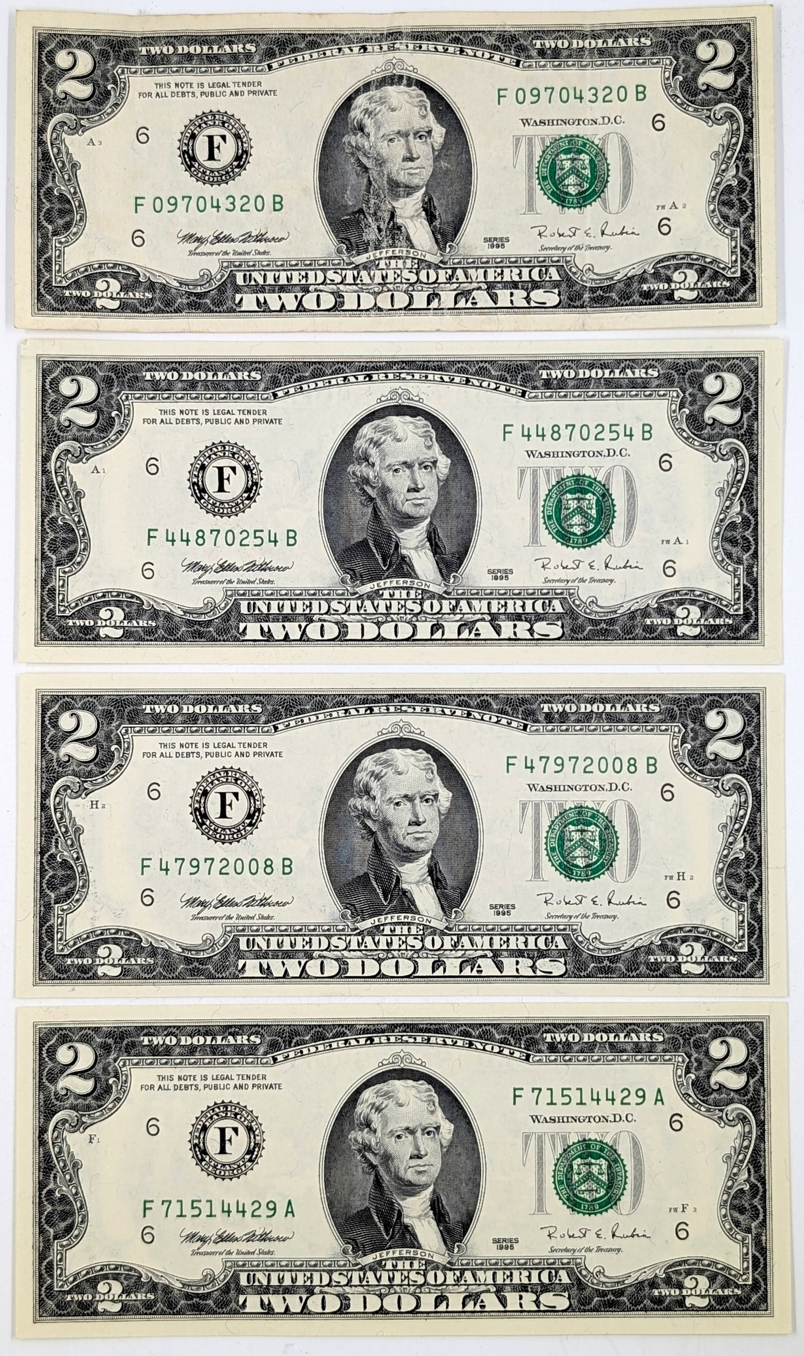 Lot of 4 - 1995 $2 Notes - Green Seals: Uncirculated