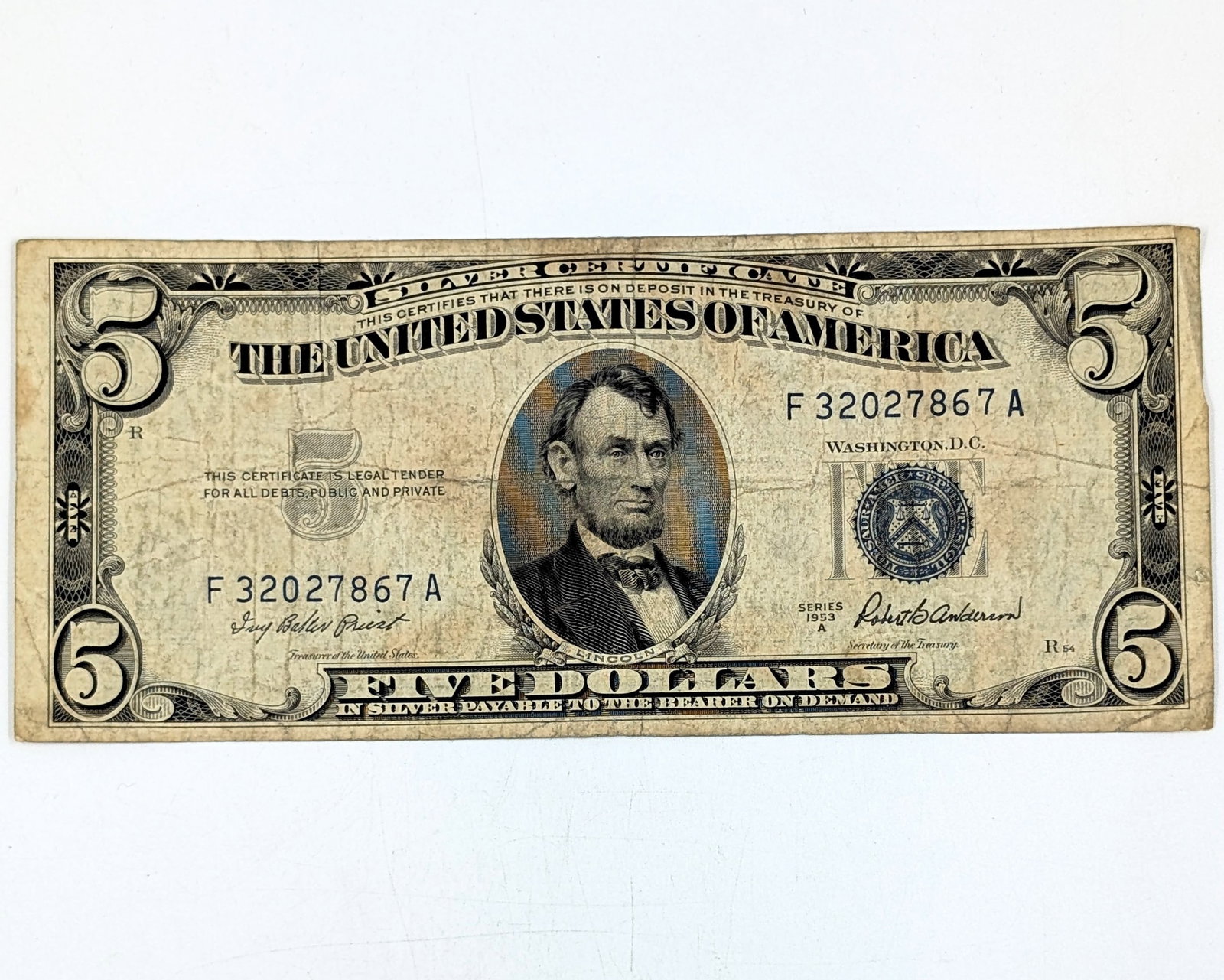 1953-A $5 Note - Silver Certificate: Heavily Circulated Condition