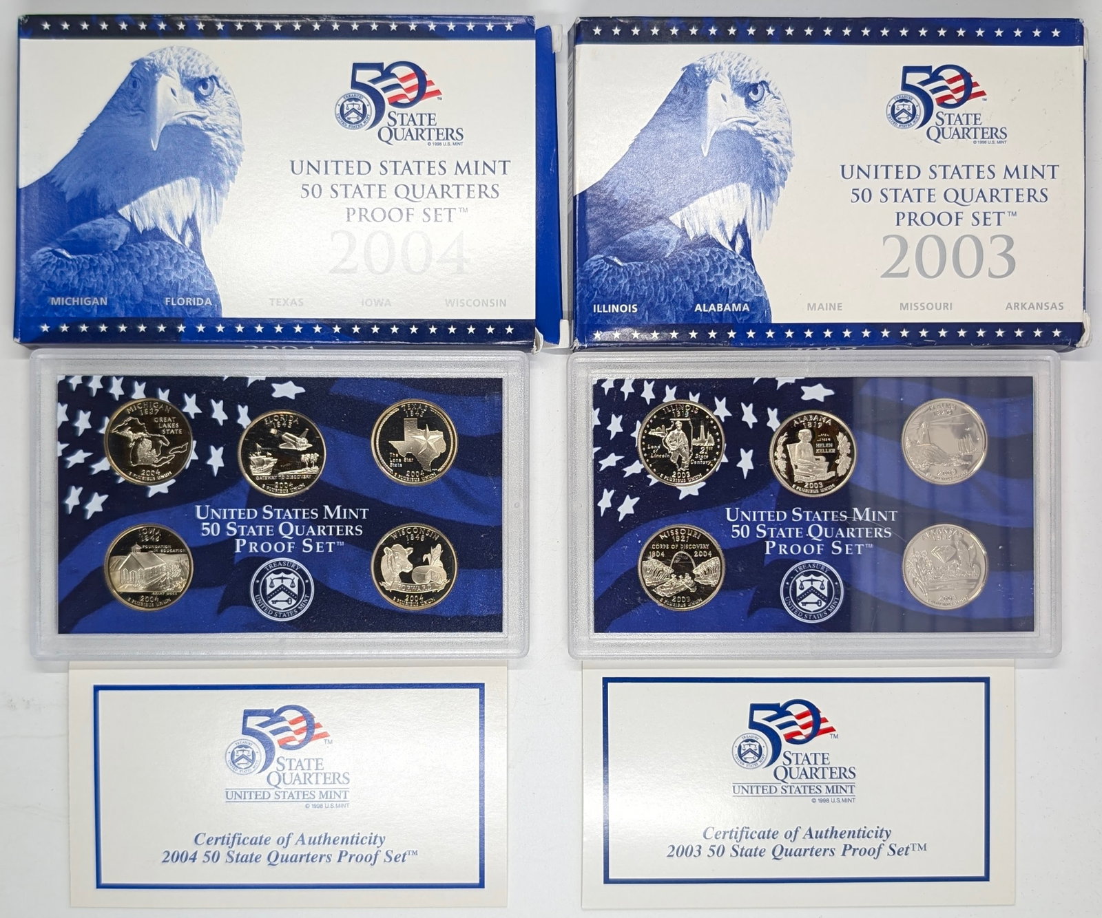 Lot of 2 US Mint 50 State Quarters Proof Sets w/ COAs - 2003, 2004: Coin