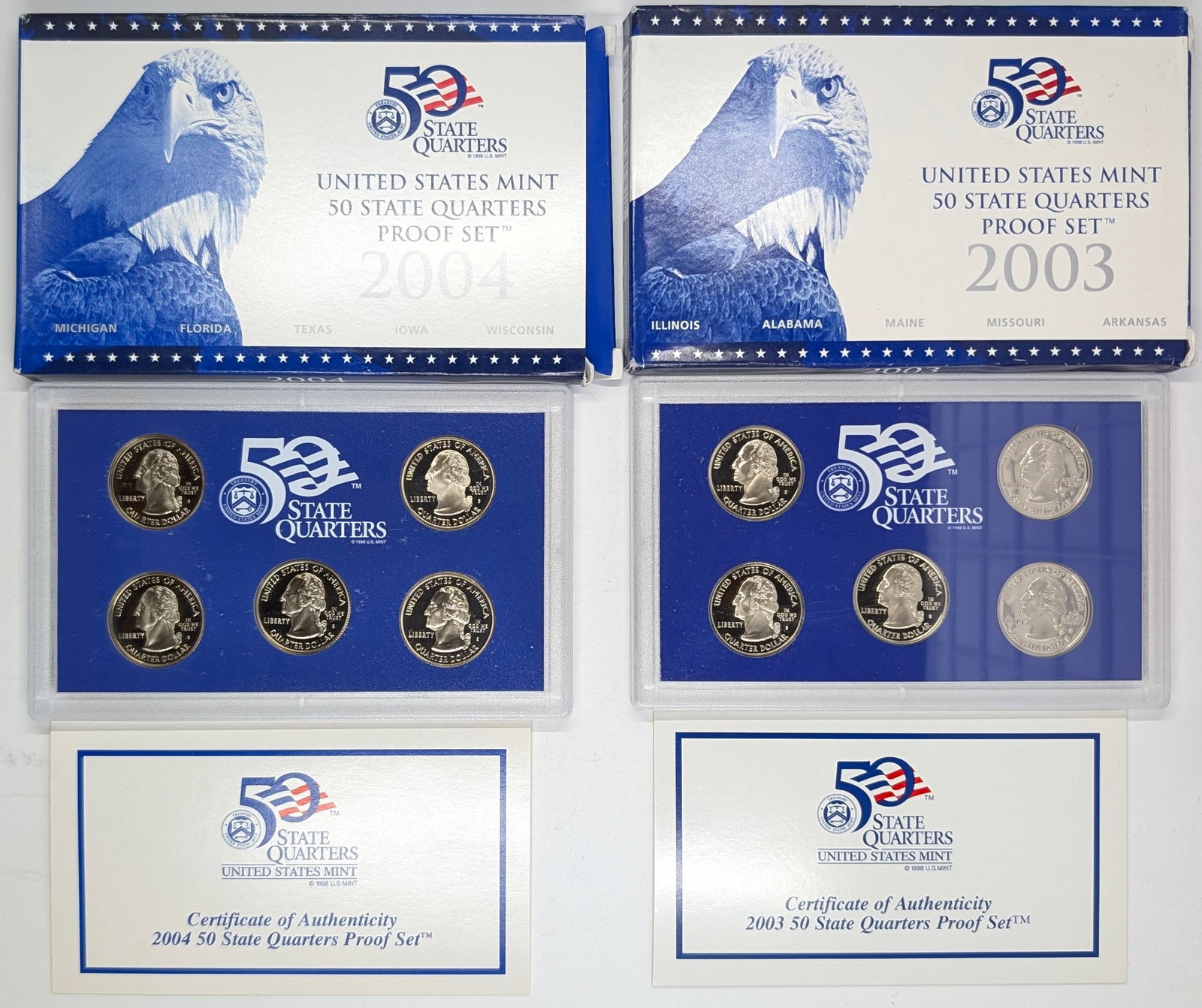 Lot of 2 US Mint 50 State Quarters Proof Sets w/ COAs - 2003, 2004 - 2