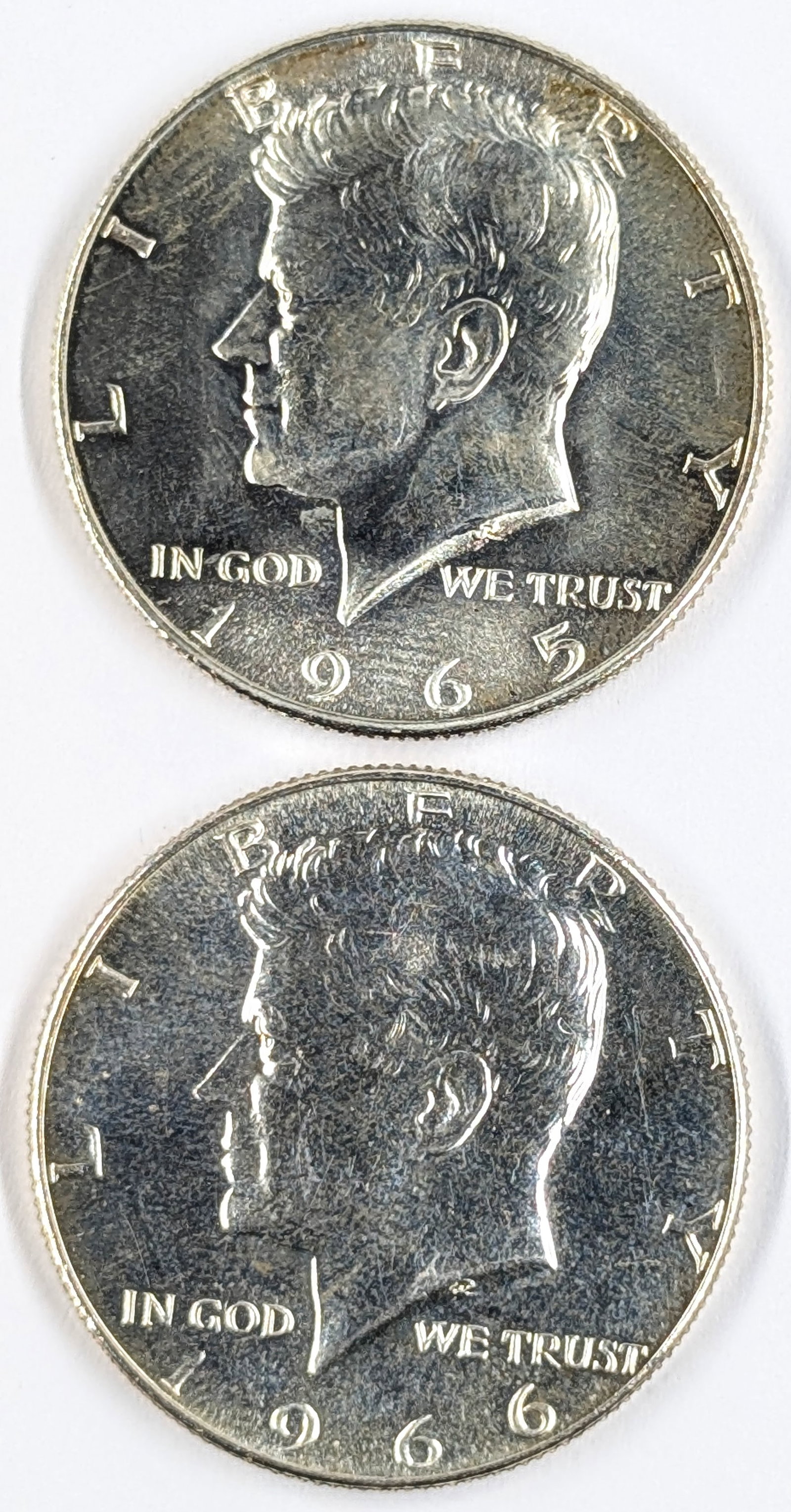 Lot of 2 Silver John F Kennedy Half Dollars - 1965, 1966 - Uncirculated: 40% Silver