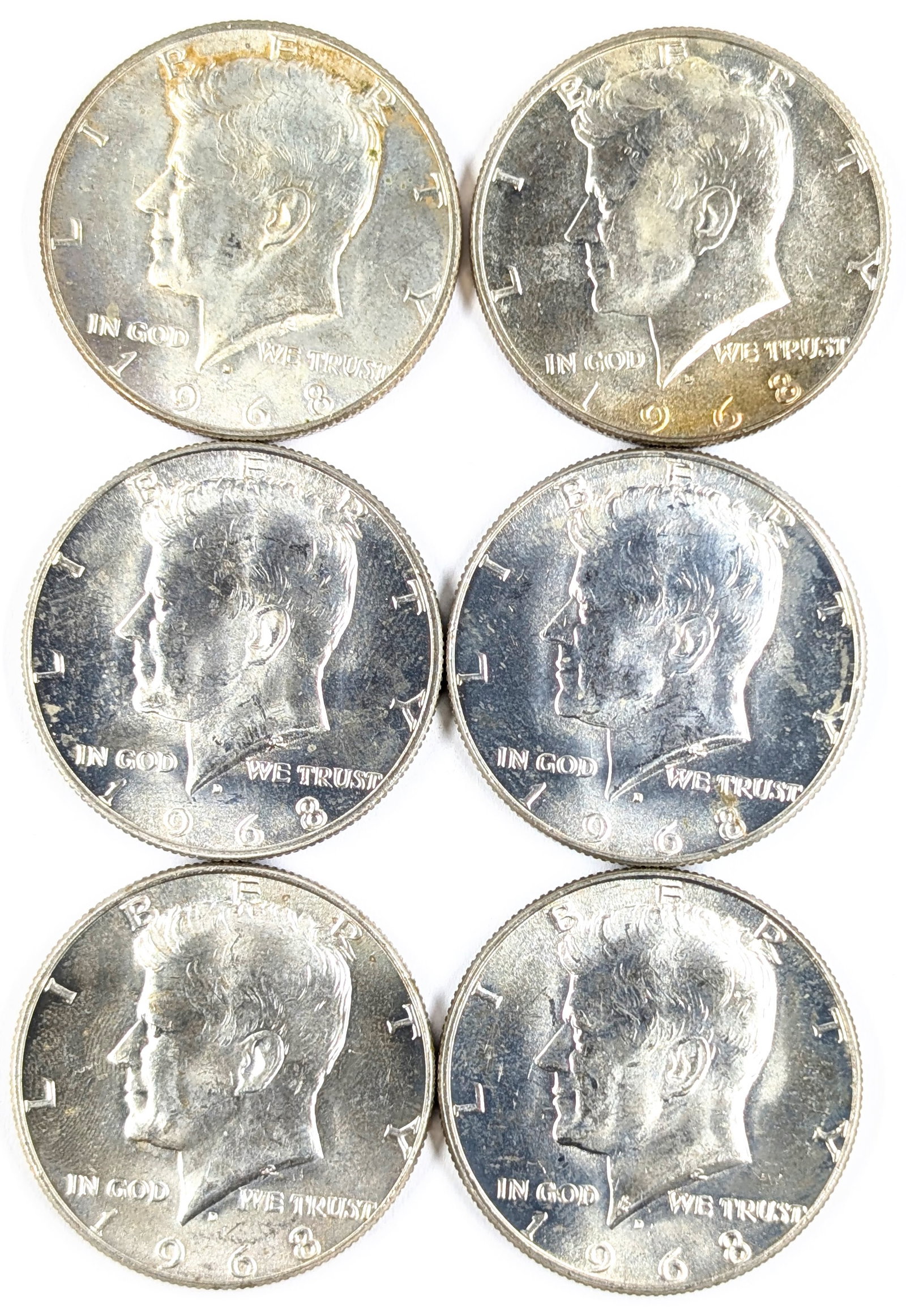 Lot of 6 Silver John F Kennedy Half Dollars - All 1968-D - Most Uncirculated (1 of 2)