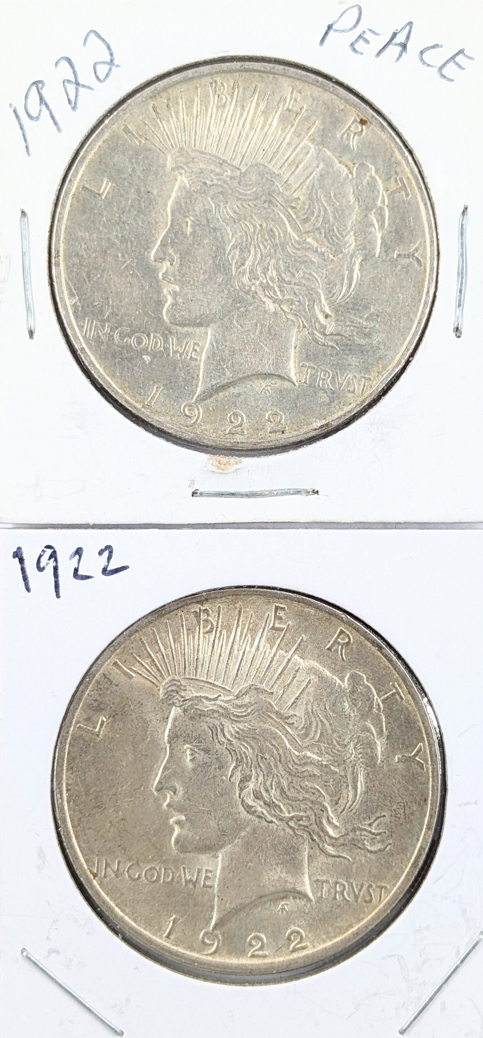 Lot of 2 Silver Peace Dollars - Both 1922: Silver