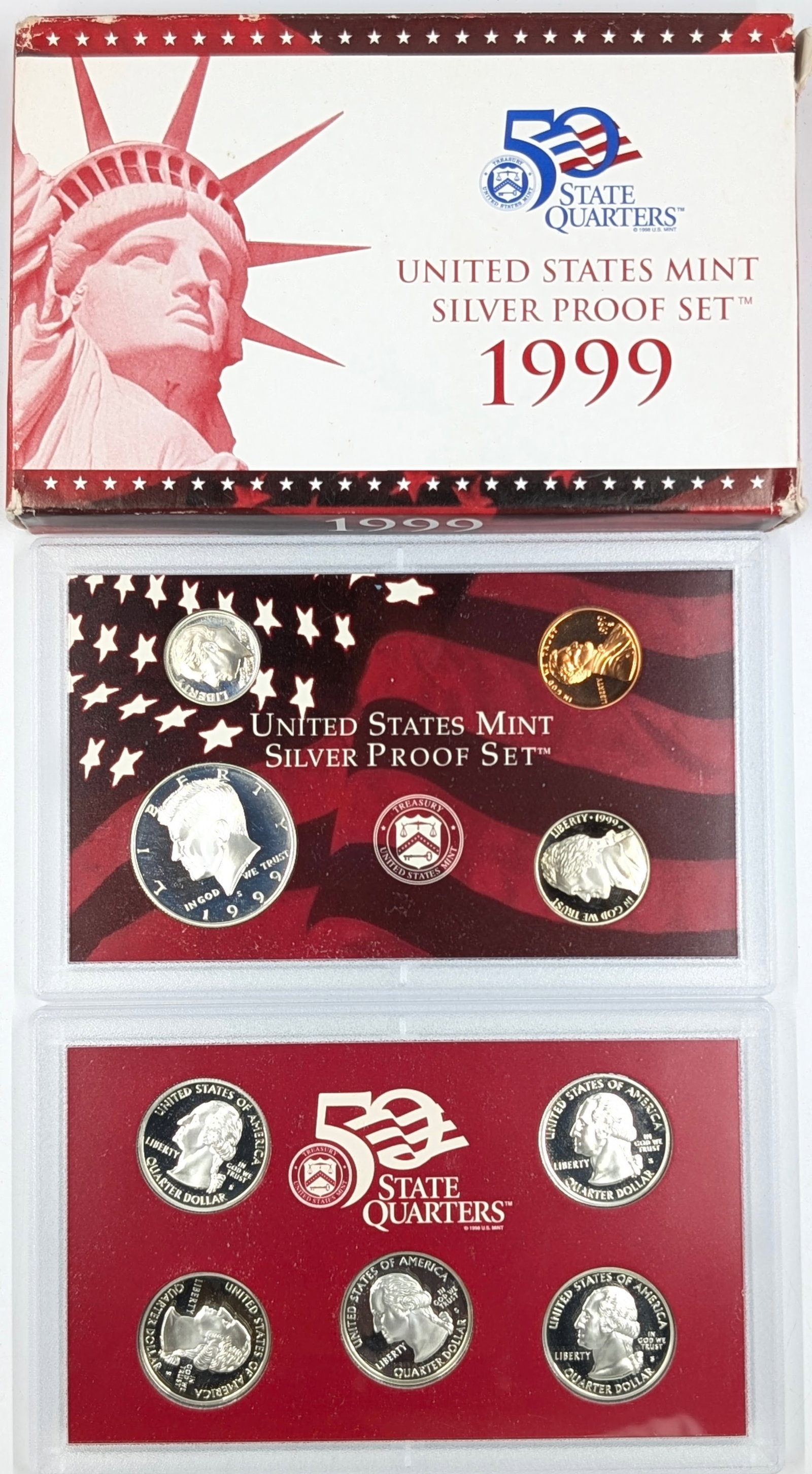 1999 Silver US Mint Proof Set w/ Silver Half, Quarters & Dime w/ COA: Silver