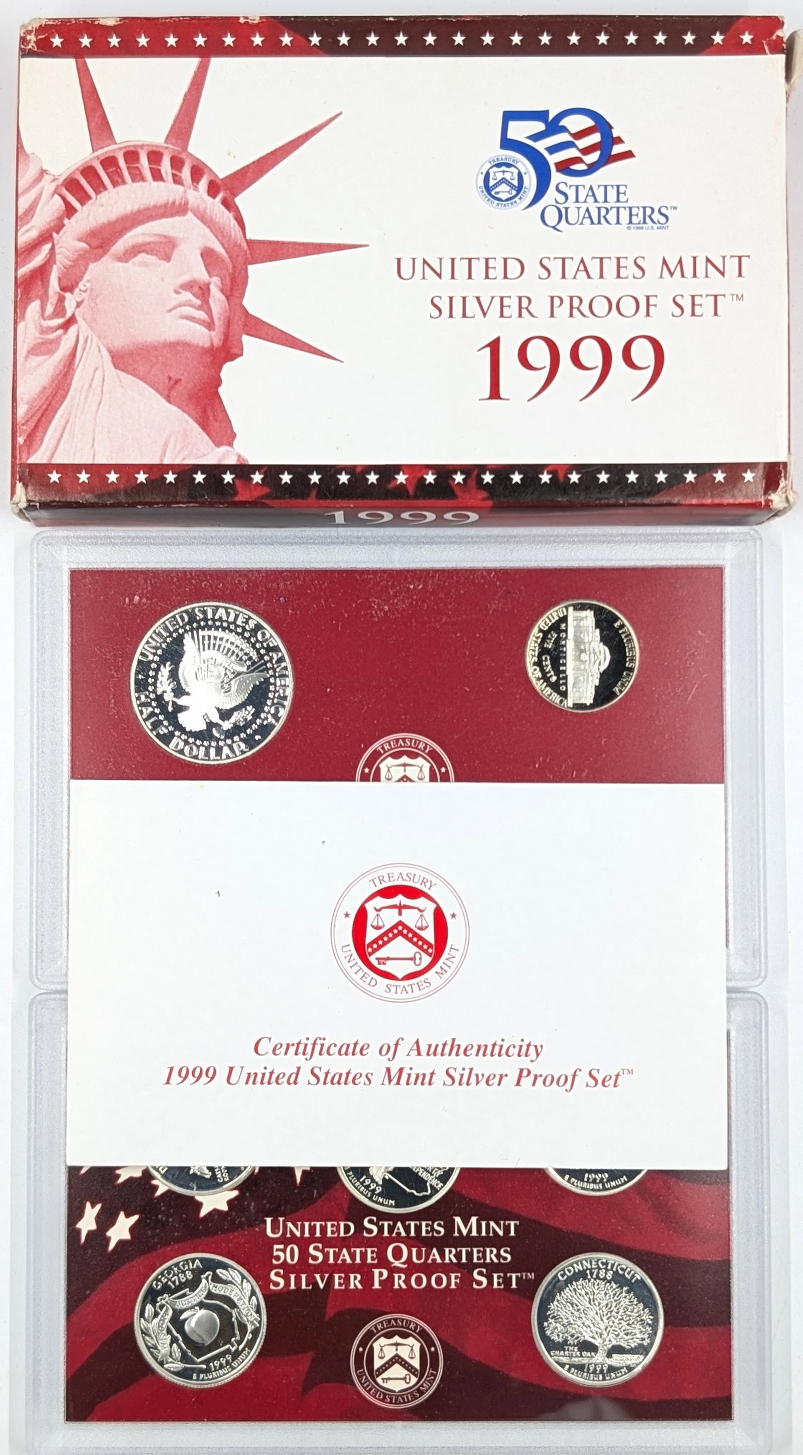 1999 Silver US Mint Proof Set w/ Silver Half, Quarters & Dime w/ COA - 3