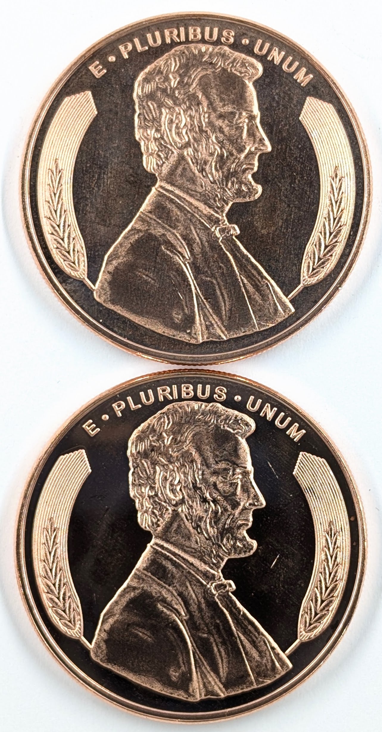 Lot of 2 - 1 Ounce (each) Fine .999 Copper Rounds - Lincoln: Copper