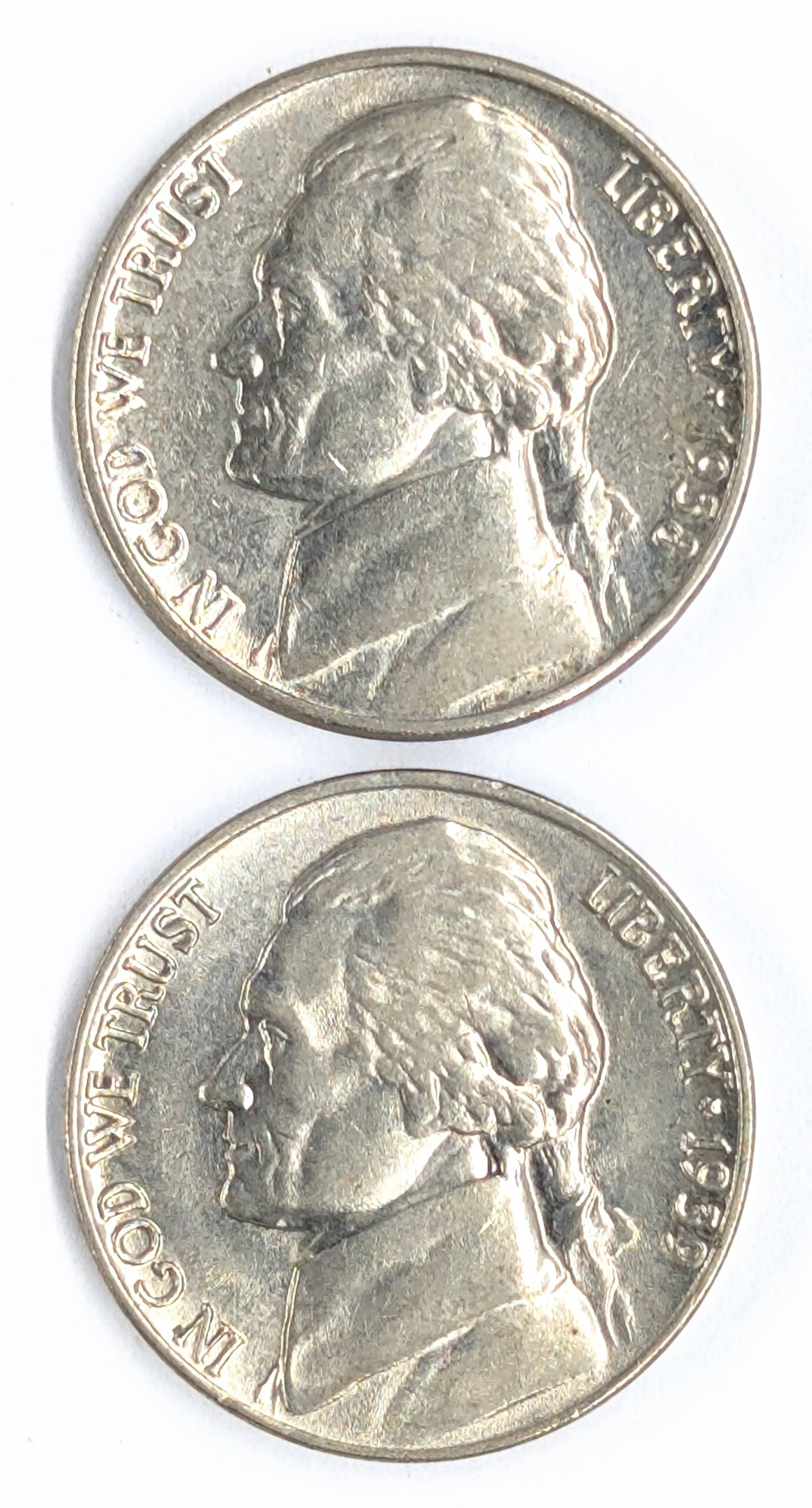 Lot of 2 AU Jefferson Nickels - 1938, 1939: 1938 First year of issue