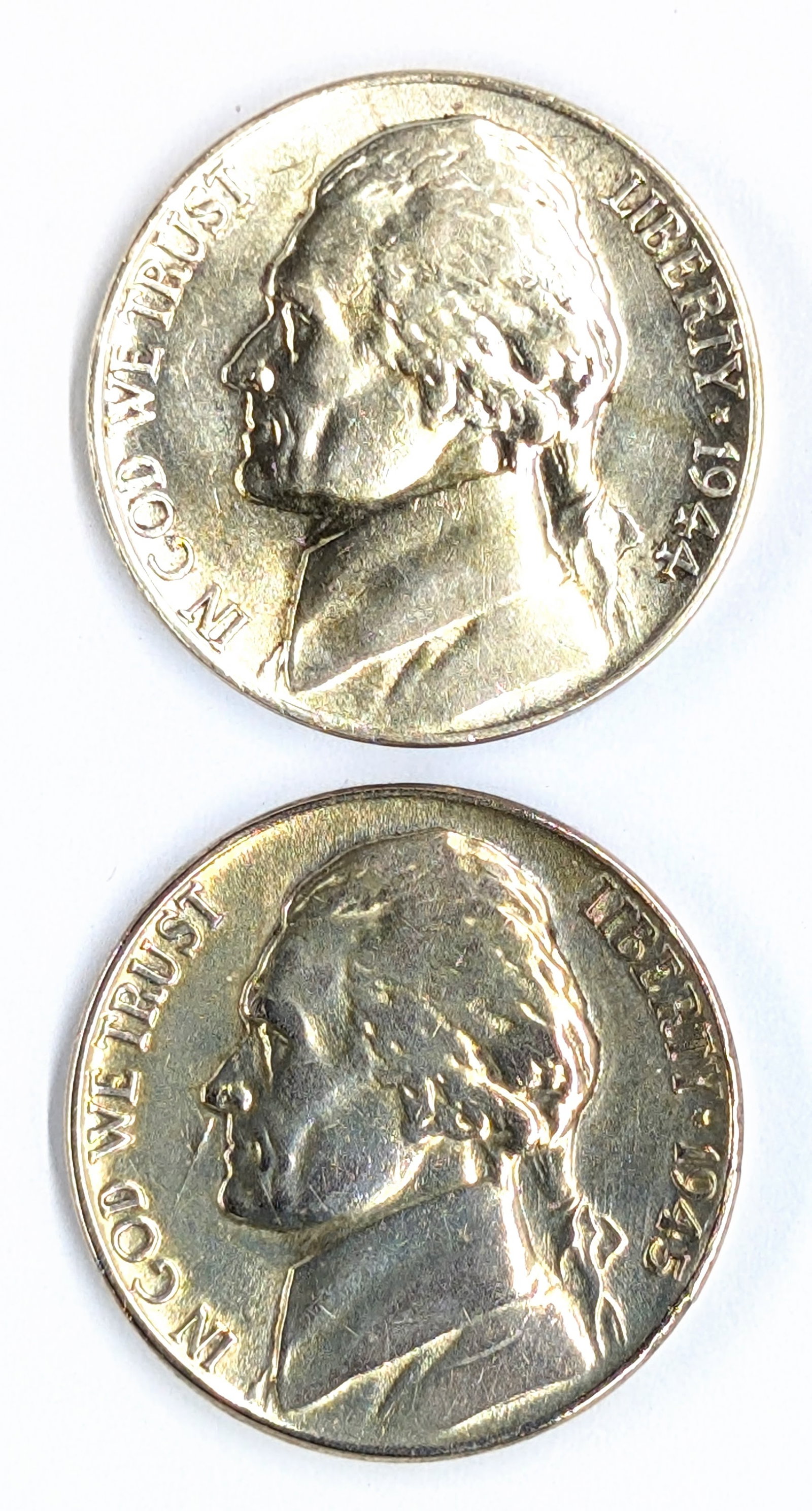 Lot of 2 AU Silver War Nickels - 1944-P, 1945-P: 35% Silver