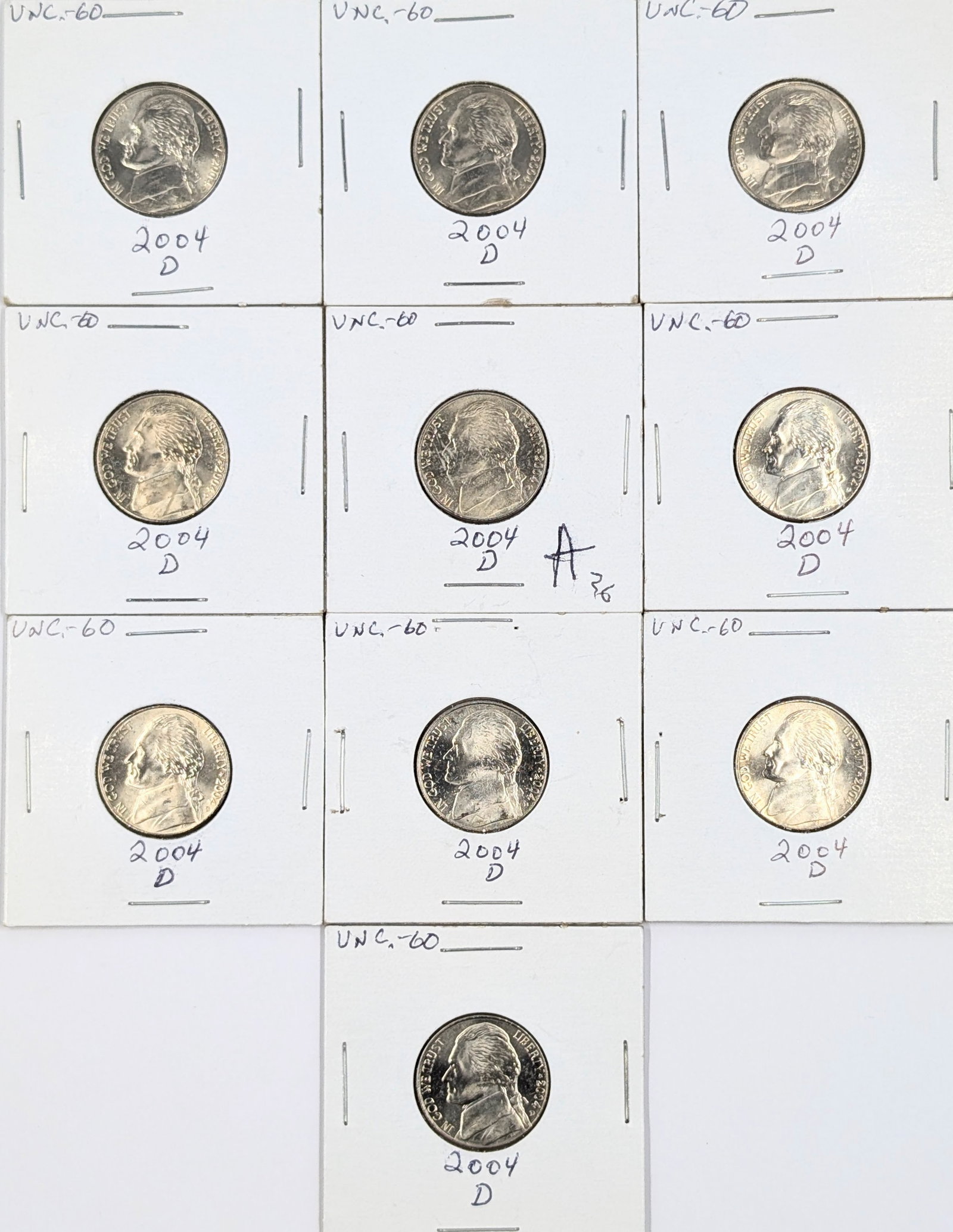 Lot of 10 Jefferson Handshake Nickels - All 2004-D - Uncirculated: Coin