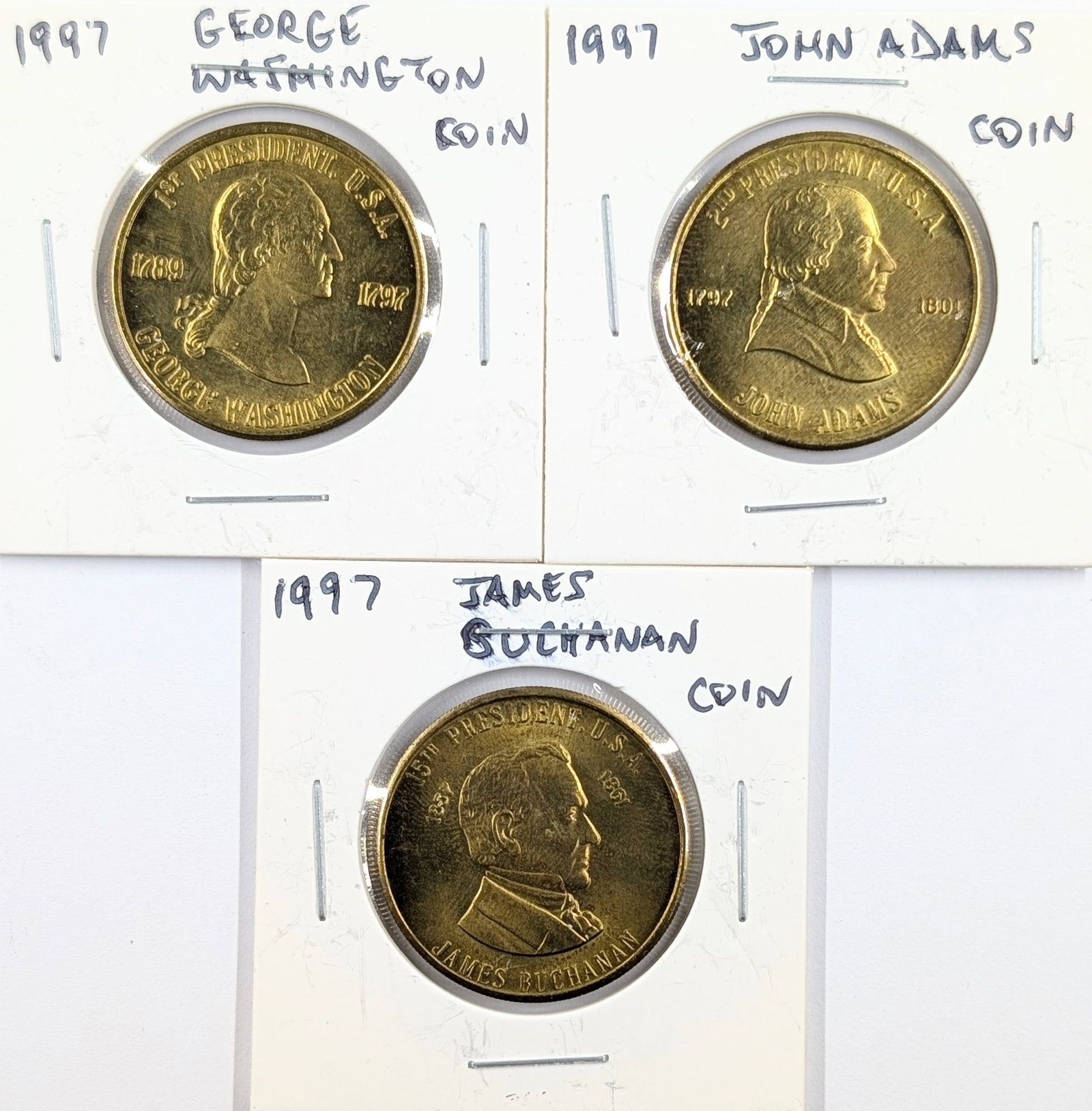 Lot of 3 - 1997 Presidential Tokens - Washington, Adams, Buchanan (1 of 2)