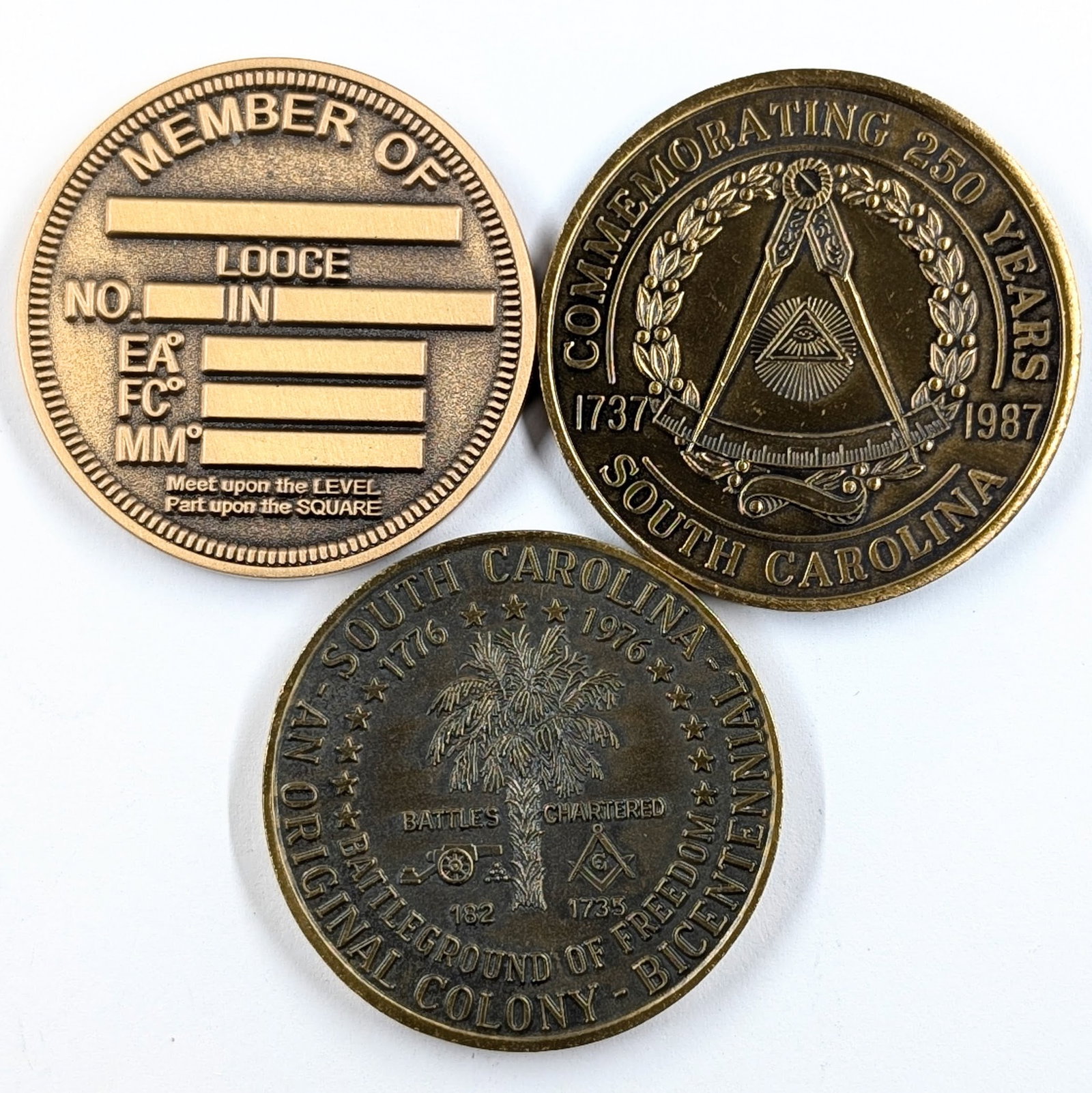 Lot of 3 Freemasons of South Carolina Tokens: Token