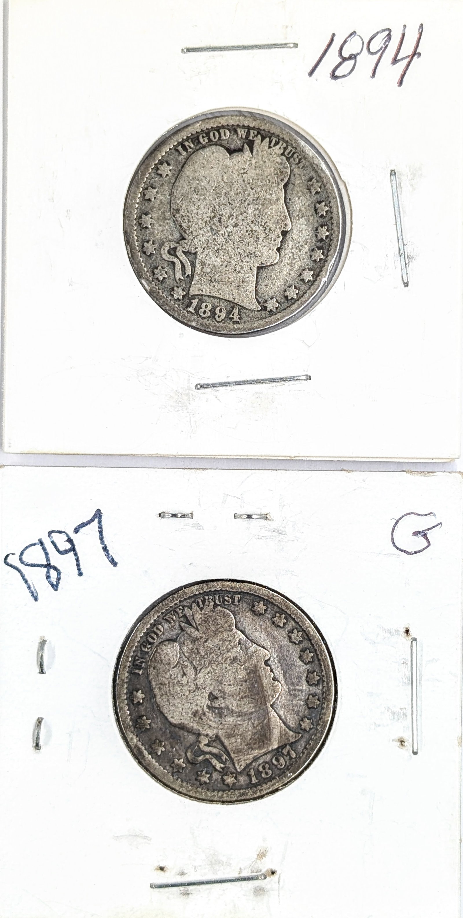 Lot of 2 Silver Barber Quarters - 1894, 1897: Silver