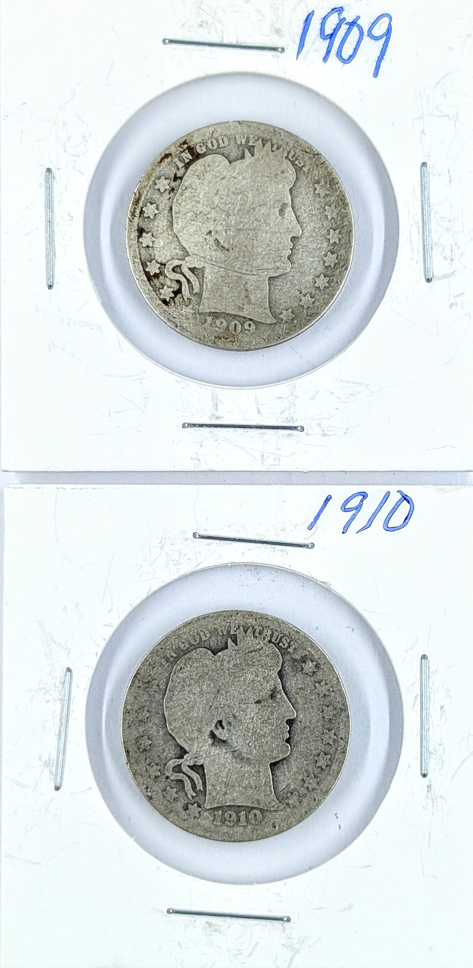 Lot of 2 Silver Barber Quarters - 1909, 1910 (1 of 2)