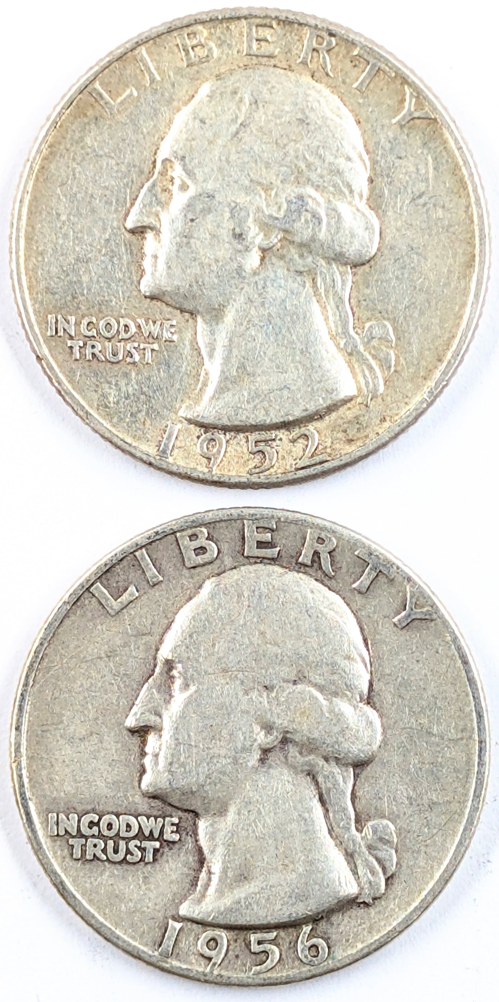 Lot of 2 Silver Washington Quarters - 1952, 1956-D: Silver