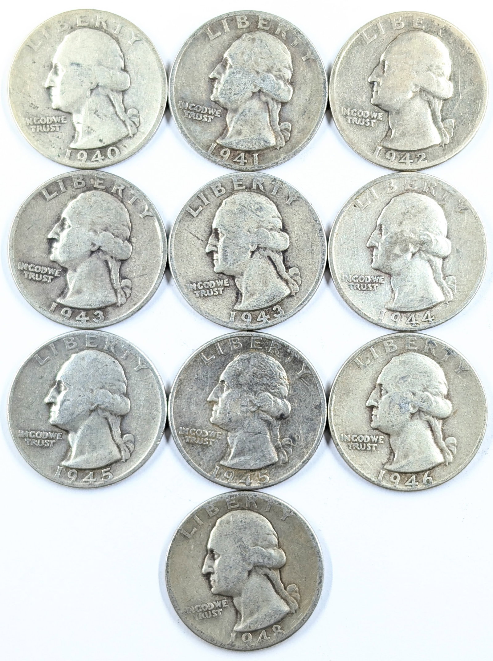 Lot of 10 Silver Washington Quarters - 1940-1948: Silver