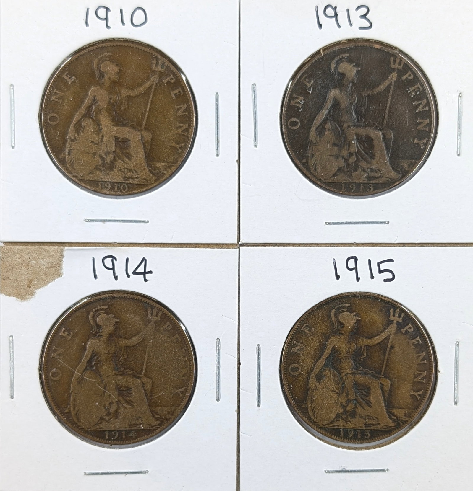 Lot of 4 Great Britain Pennies - 1910-1915 (1 of 2)