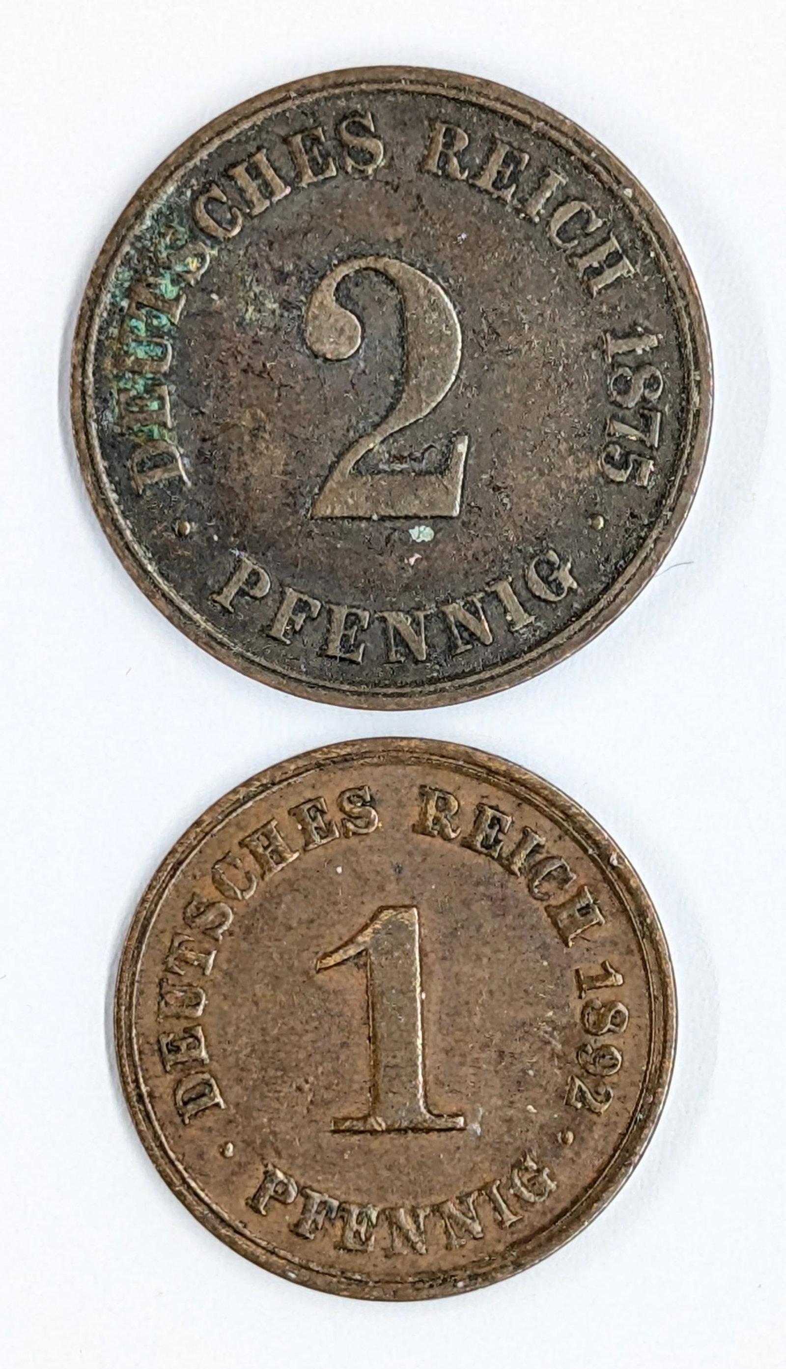 Lot of 2 German Coins - 1875 2 Pfennig, 1892 1 Pfennig: Coin
