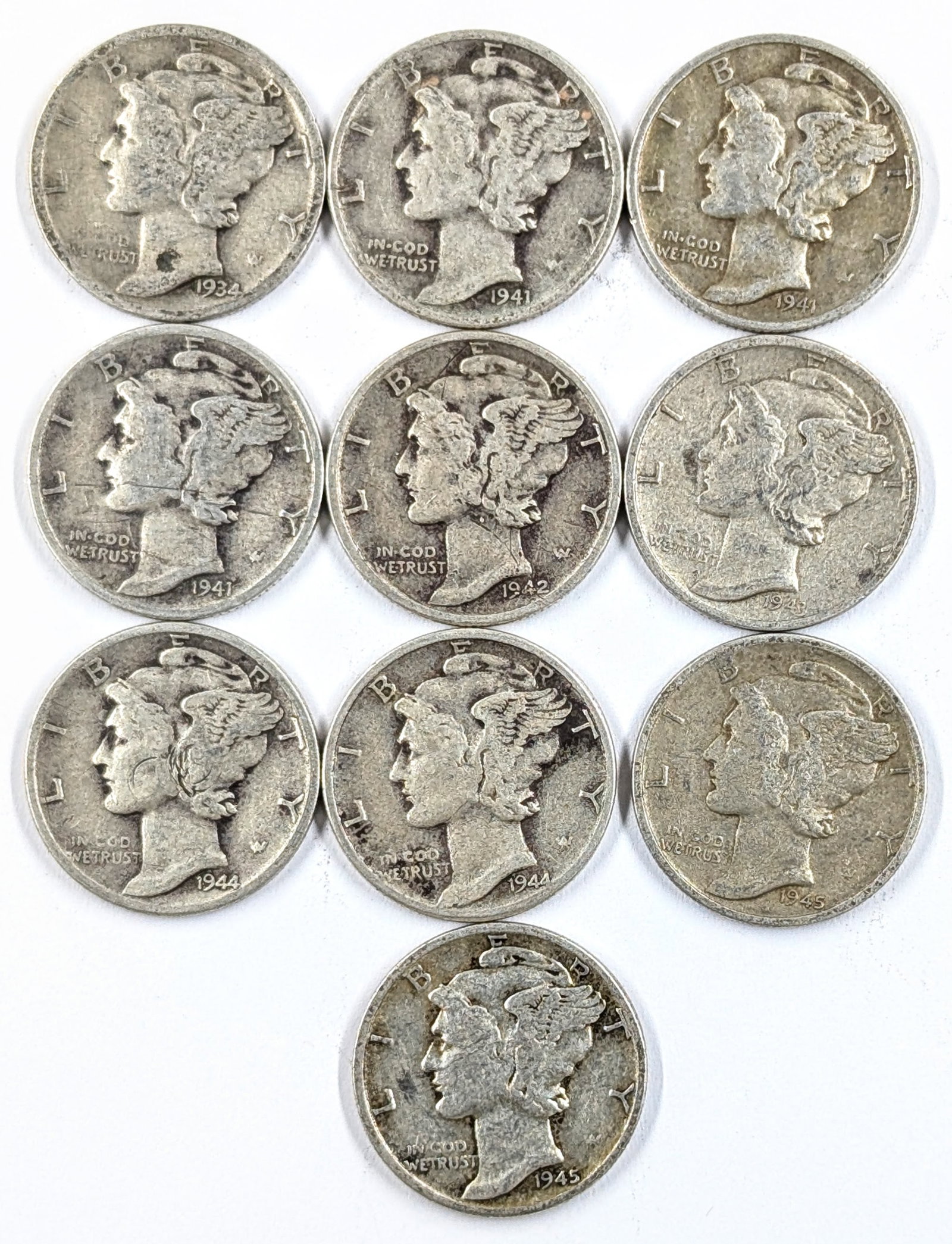 Lot of 10 Silver Mercury Dimes - 1934-1945 (1 of 2)