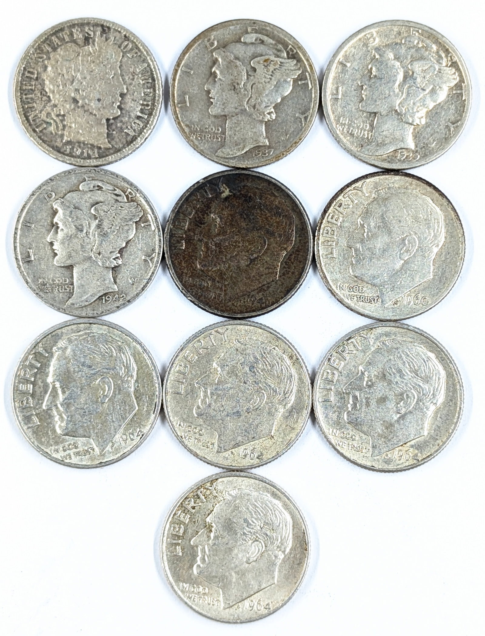 Lot of 10 Silver Coins - Barber, Mercury & Roosevelt (1 of 2)