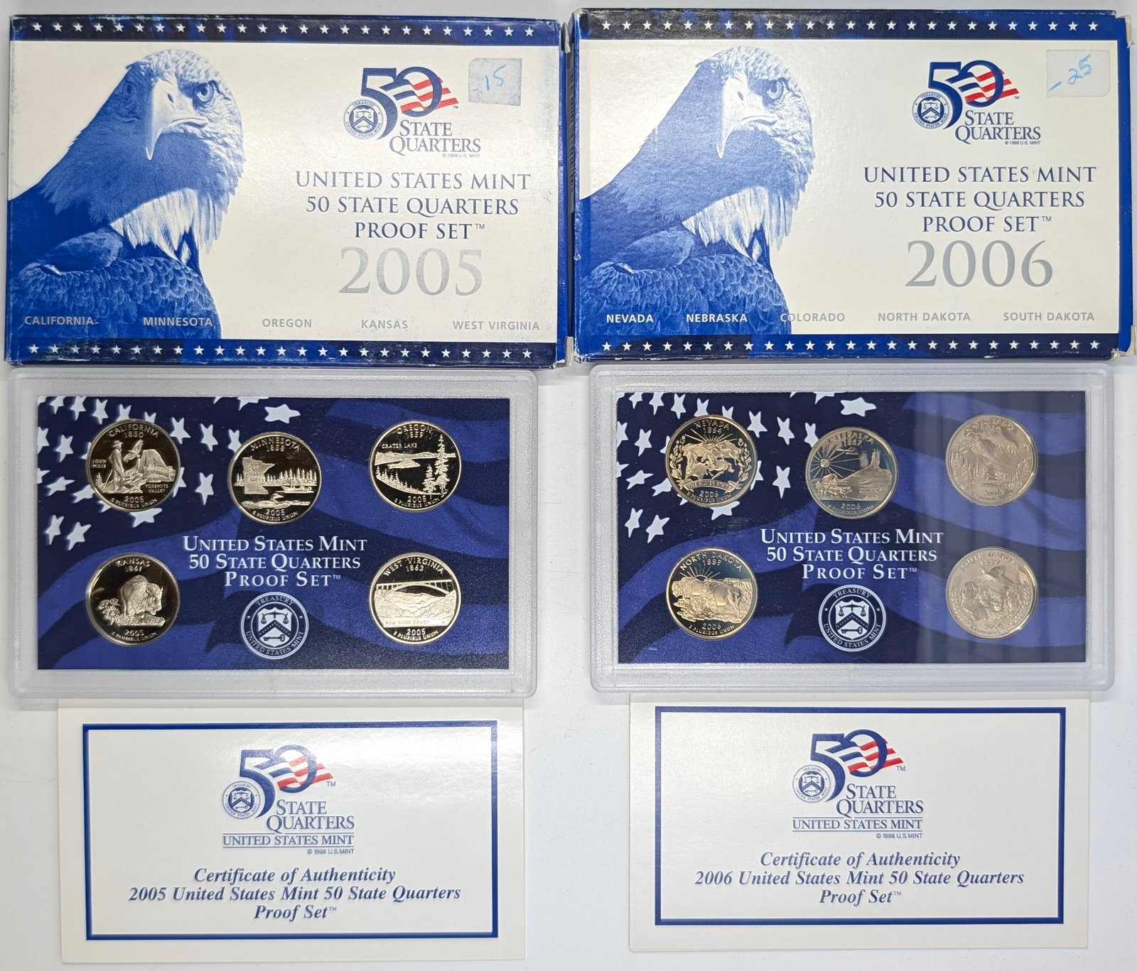 Lot of 2 US Mint 50 State Quarters Proof Sets w/ COAs - 2005, 2006: Coin