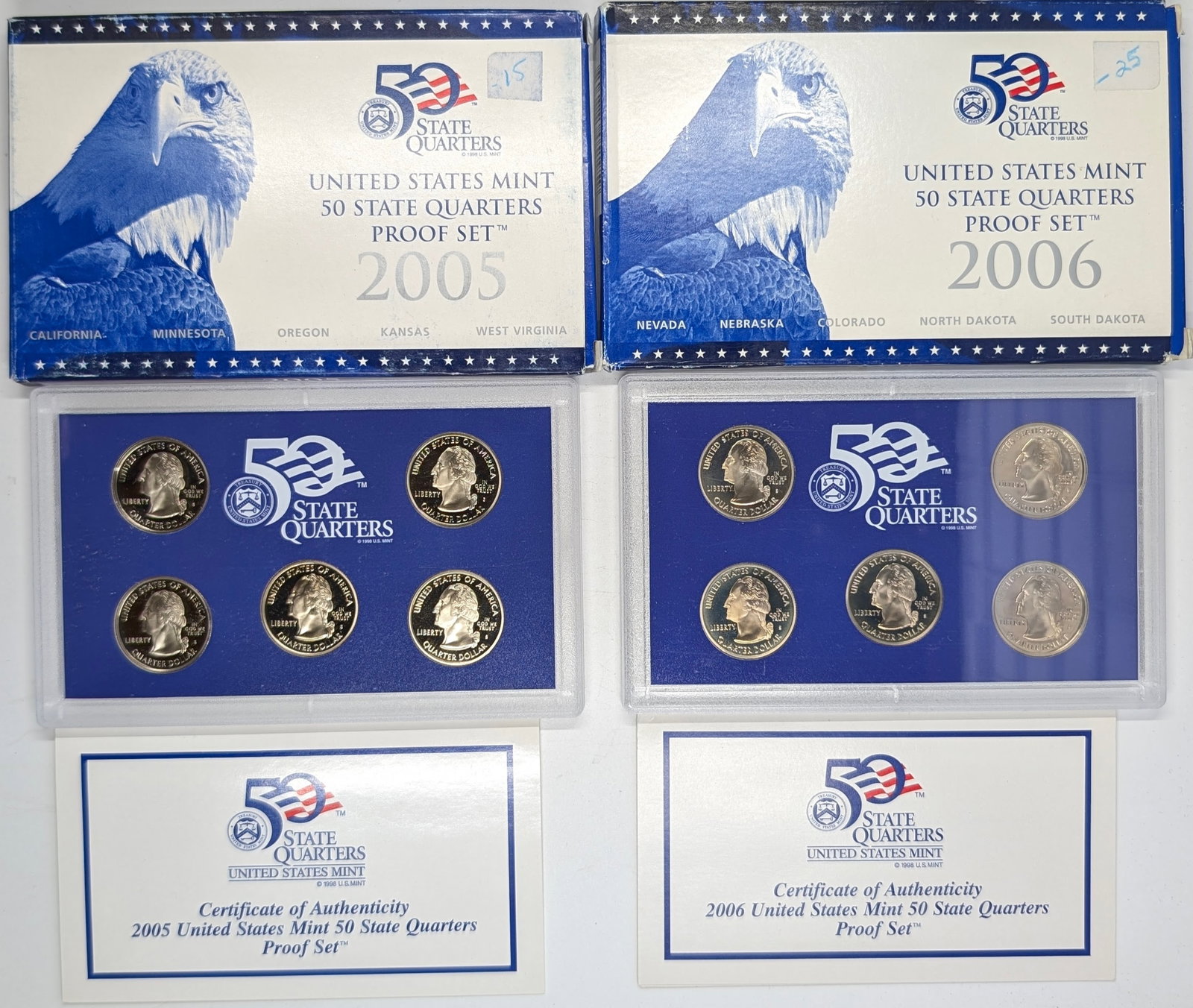 Lot of 2 US Mint 50 State Quarters Proof Sets w/ COAs - 2005, 2006 - 2