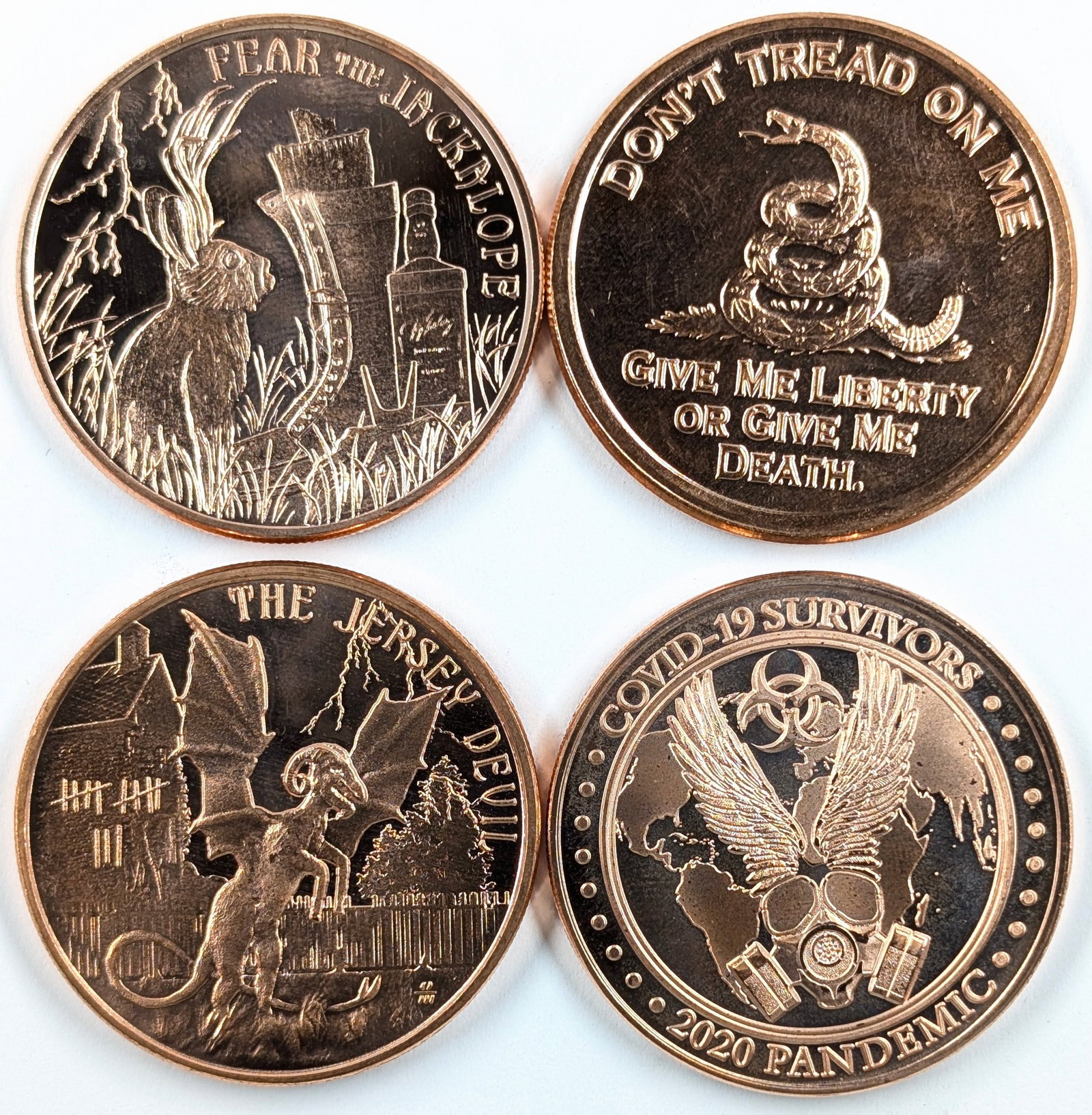 Lot of 4 - 1 Ounce (each) Fine .999 Copper Rounds - Jackalope, Don't Tread, etc.: Copper