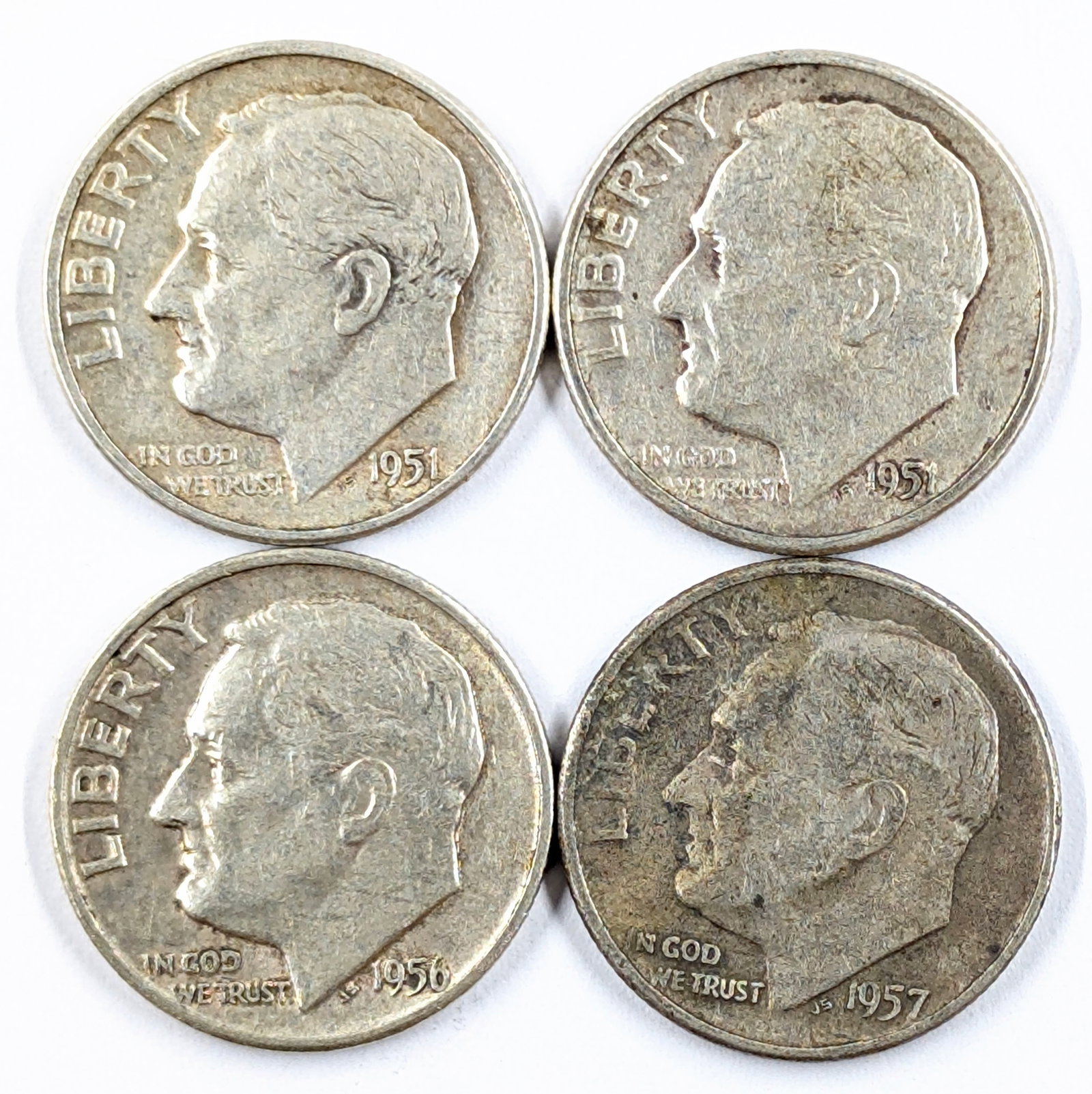 Lot of 4 Silver Roosevelt Dimes - 1951-1957: Silver