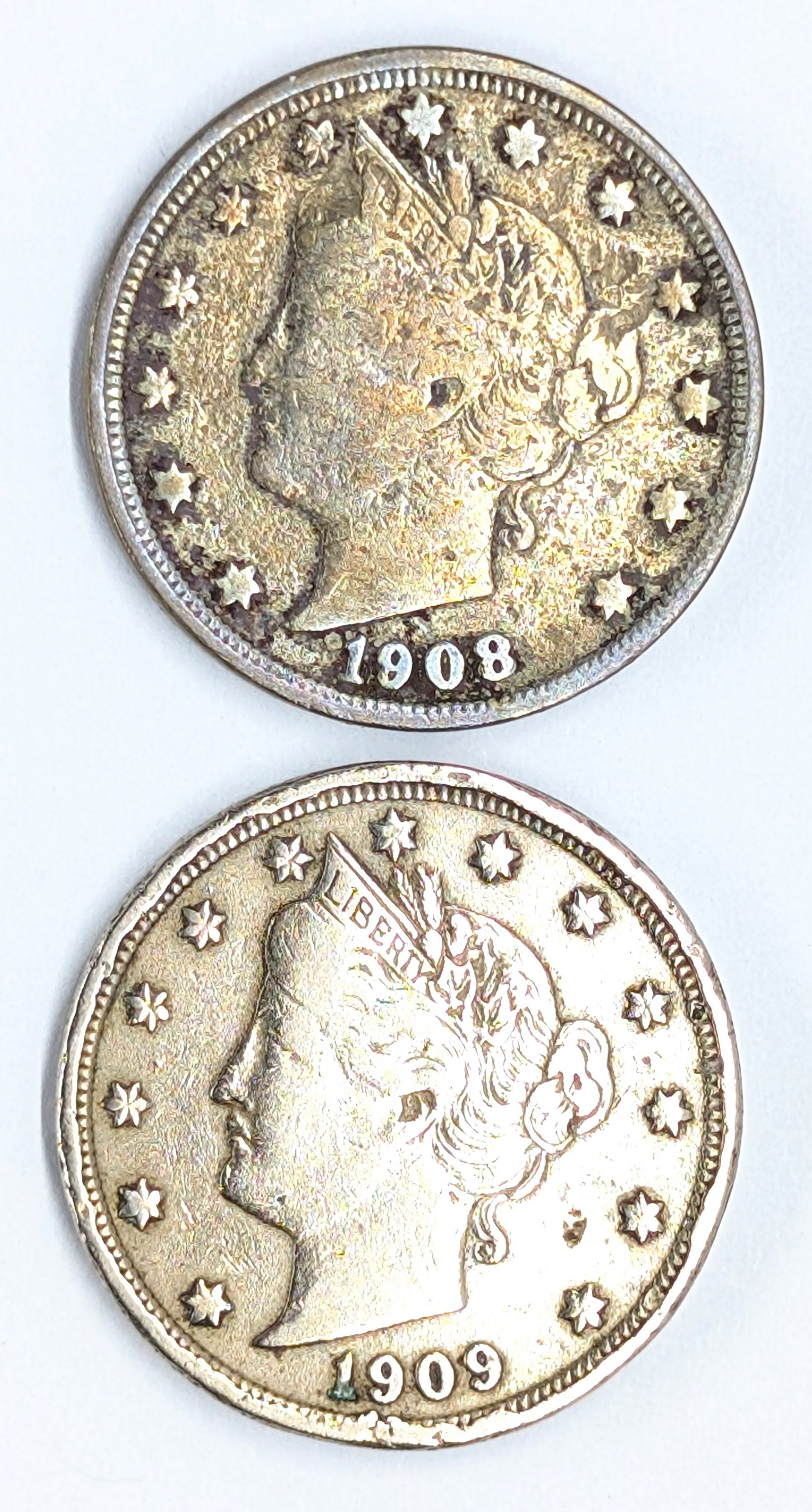Lot of 2 Liberty V Nickels - 1908, 1909: Coin