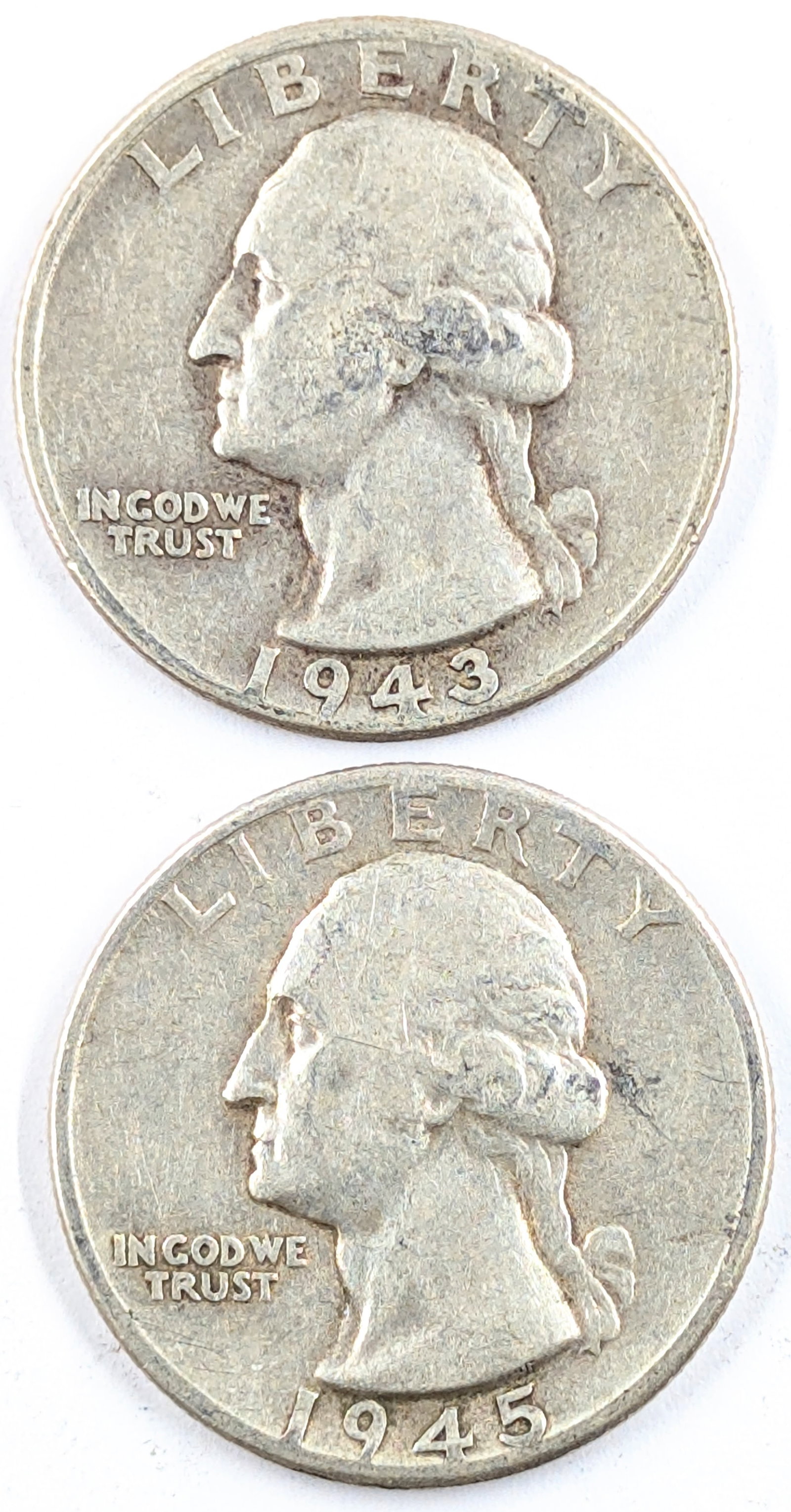 Lot of 2 Silver Washington Quarters - 1943, 1945: Silver