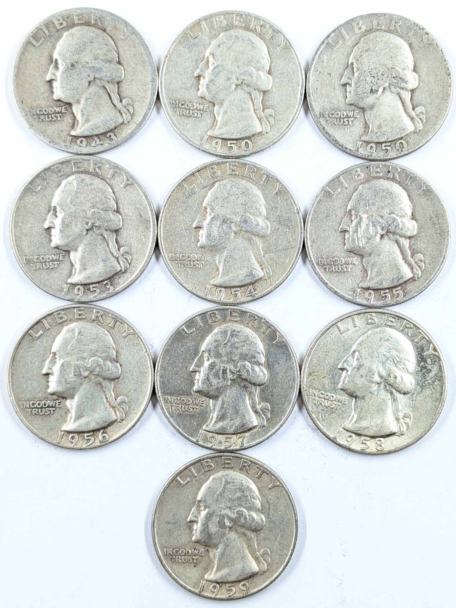 Lot of 10 Silver Washington Quarters - 1943-1959 (1 of 2)