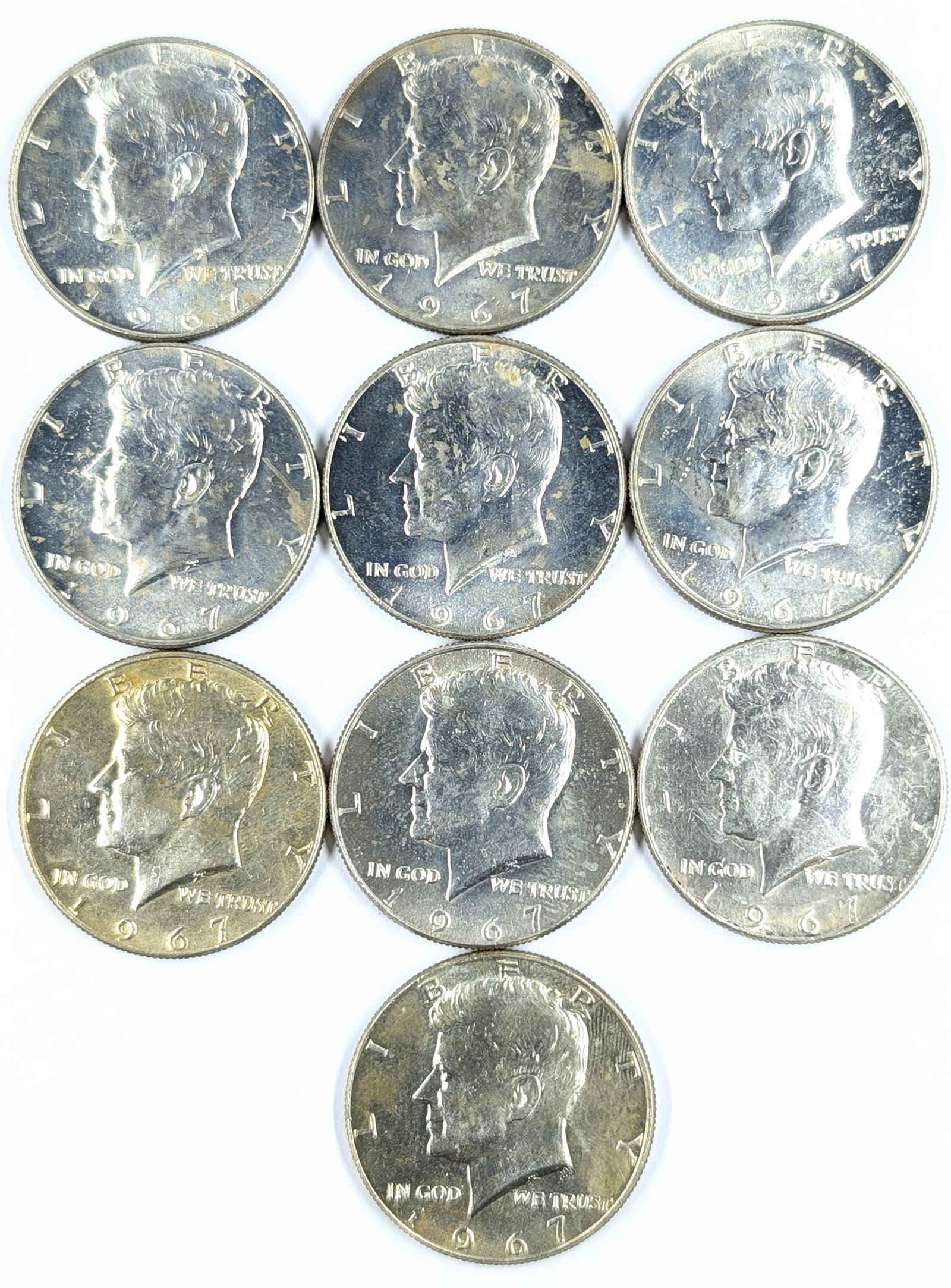Lot of 10 Silver John F Kennedy Half Dollars - All 1967 - Most Uncirculated (1 of 2)