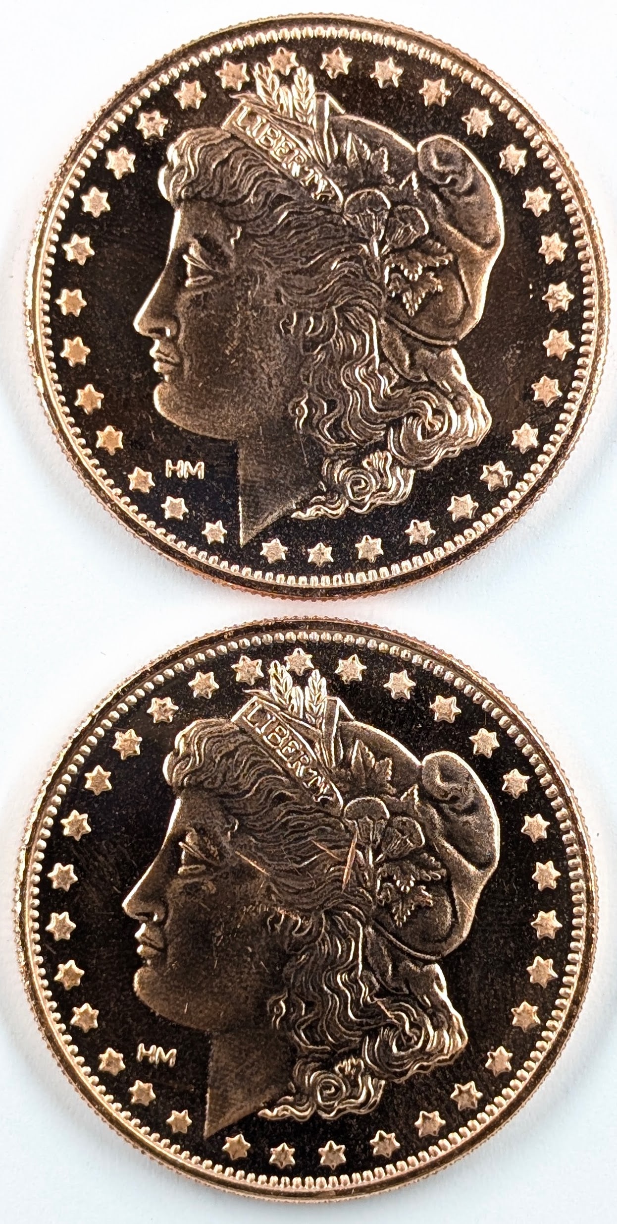 Lot of 2 - 1 Ounce (each) Fine .999 Copper Rounds - Liberty: Copper