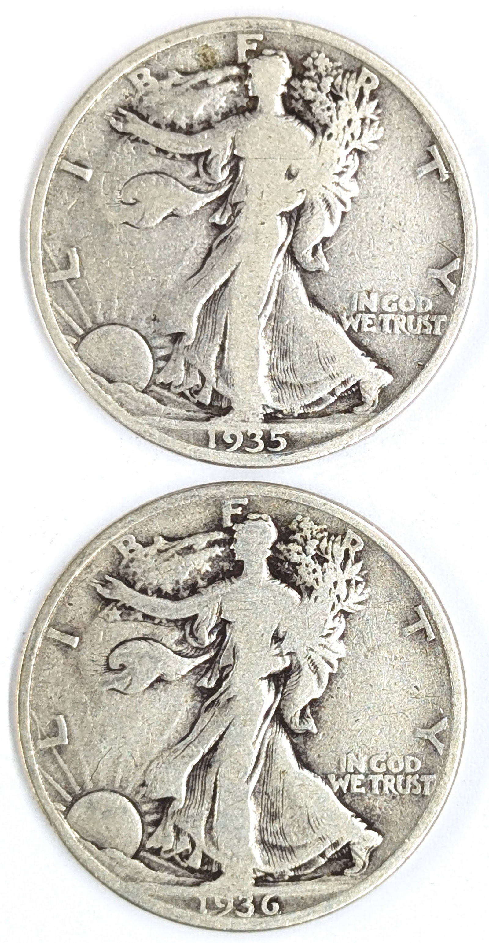 Lot of 2 Silver Walking Liberty Half Dollars - 1935, 1936: Silver