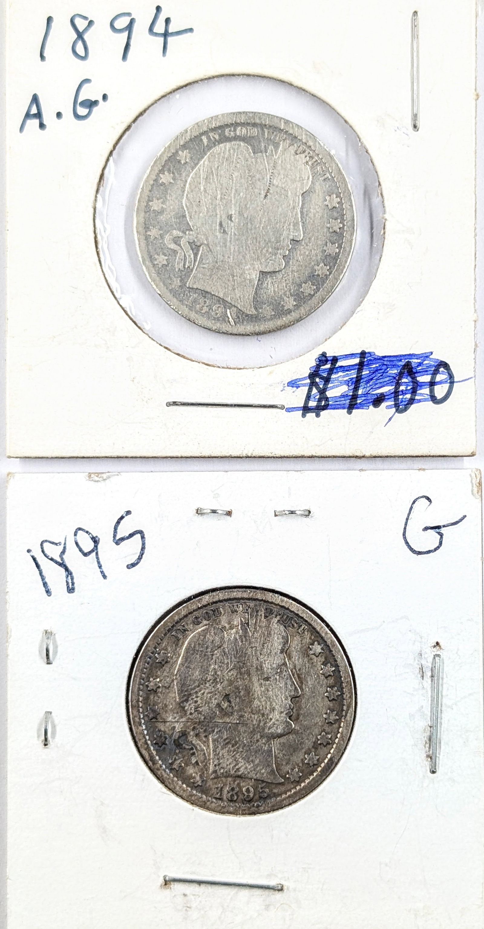 Lot of 2 Silver Barber Quarters - 1894, 1895: Silver