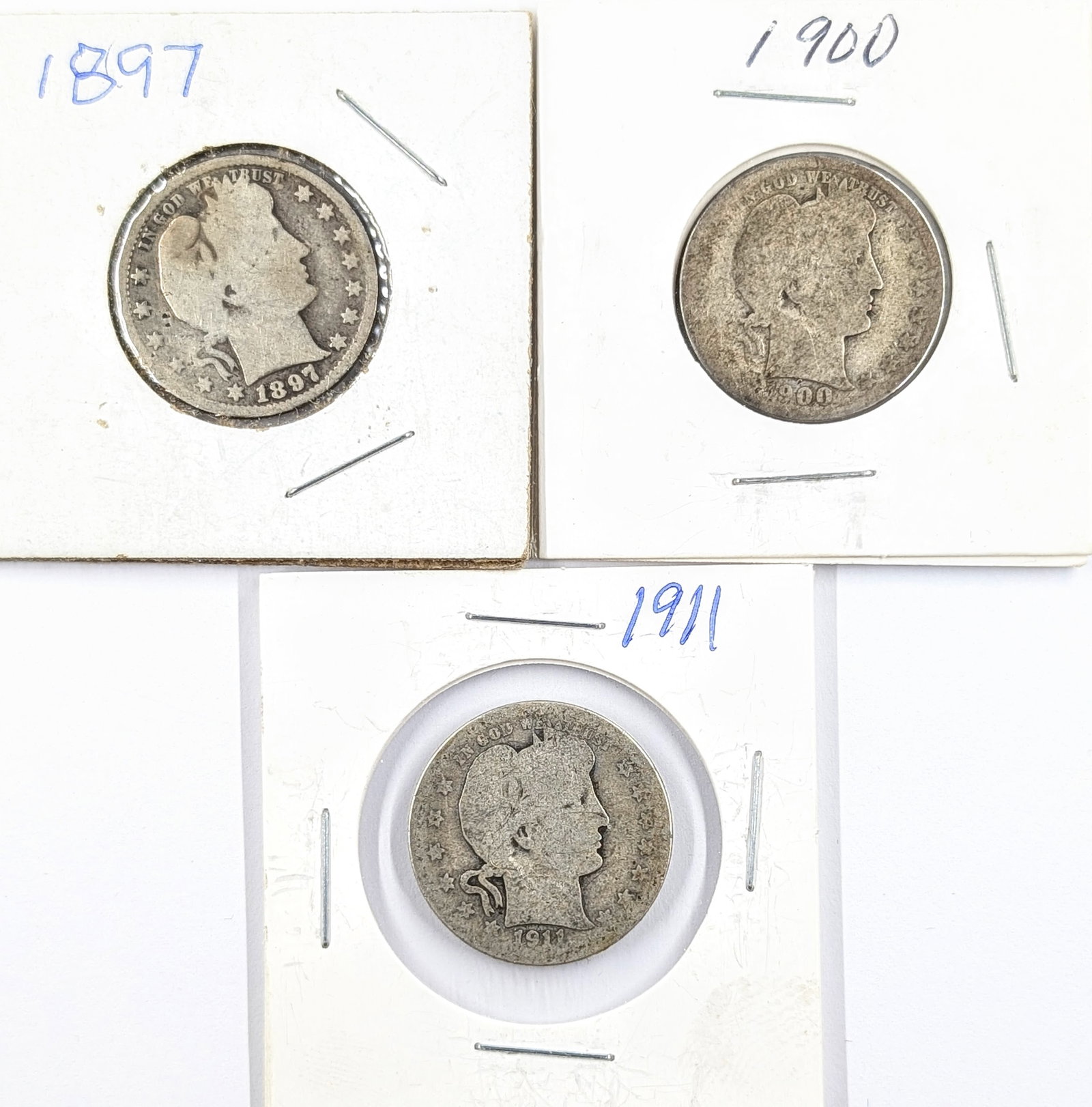Lot of 3 Silver Barber Quarters - 1897, 1900, 1911: Silver